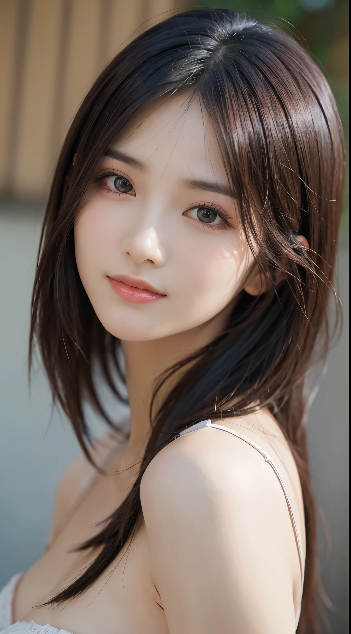 1girl, Extremely cute, amazing face and eyetremely detailed beautiful face), (Ultra realistic), (highly detailed eyes, highly detailed hair, highly detailed face, highly detailed plump lips), naked, (off shoulder), breasts, upper body, caute smile, (best quality:1.4), Raw photo, (realistic, photo-realistic:1.37), professional photography, cinematic light,