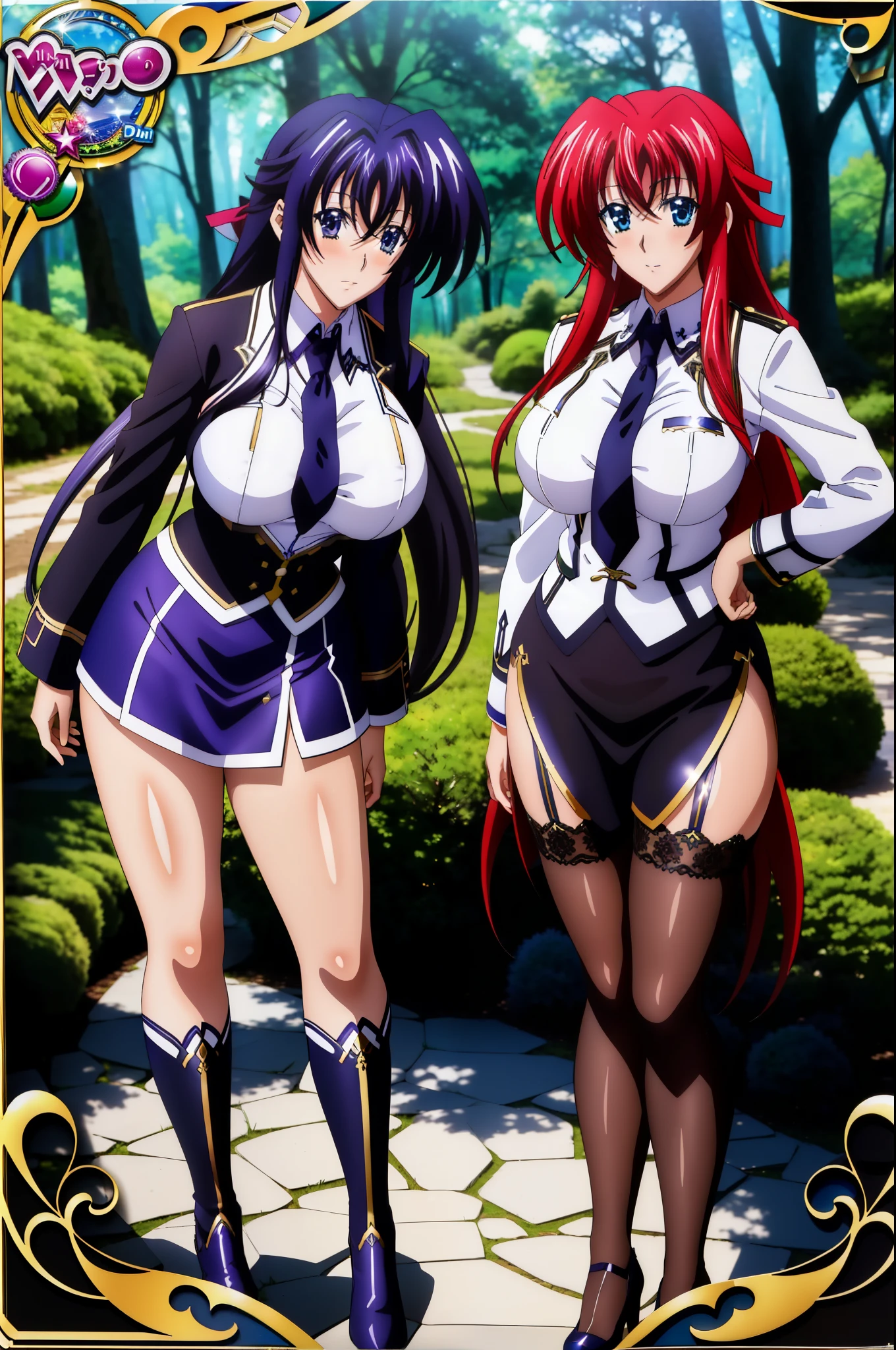 (best quality, ultra detailed, masterpiece), (2 girls), rias and himejima akeno, school uniform, seductive pose, detailed background, forest background, full body shot, detailed beutifull faces