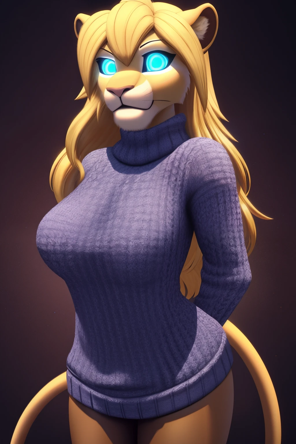 android wife, lioness anthro, blonde hair, blue eyes, glowing eyes, sweater, 3D Disney style