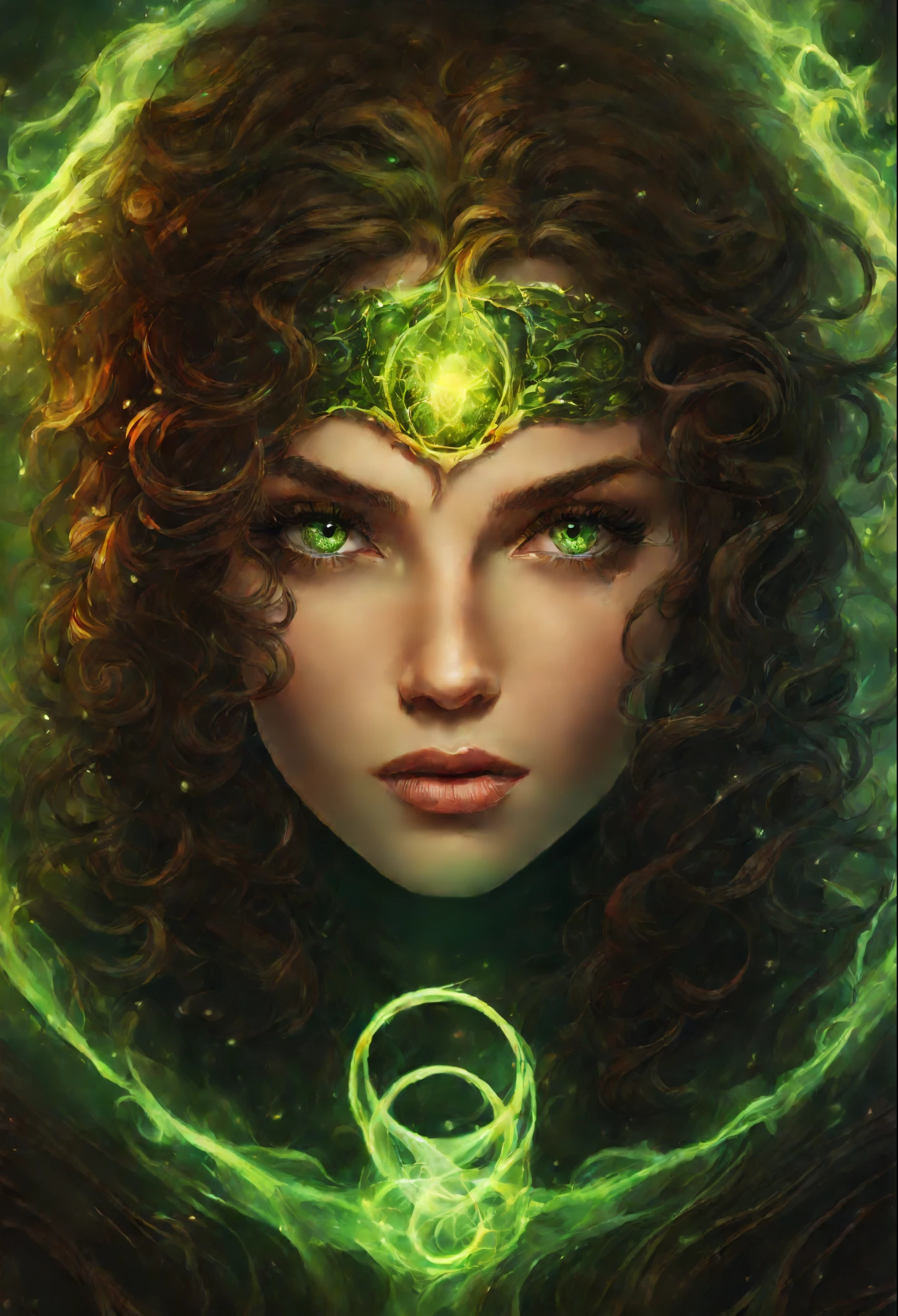 close-up of a green-eyed woman surrounded by a ring of fire, dark brown curls, fantasy portrait, epic fantasy art style, epic fantasy digital art style, epic fantasy style art, fantasy character portrait, fantasy art portrait, epic rpg portrait, epic fantasy art portrait, epic portrait illustration, Epic Magician Girl Character, fantasy portrait art, Fantasy RPG Symmetrical Portrait