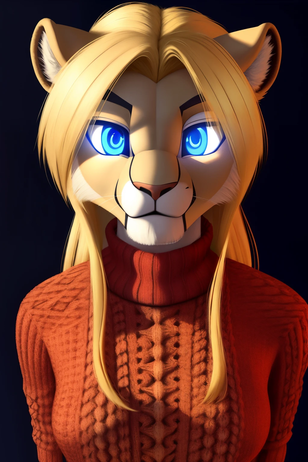 android wife, lioness anthro, blonde hair, blue eyes, glowing eyes, sweater, 3D Disney style