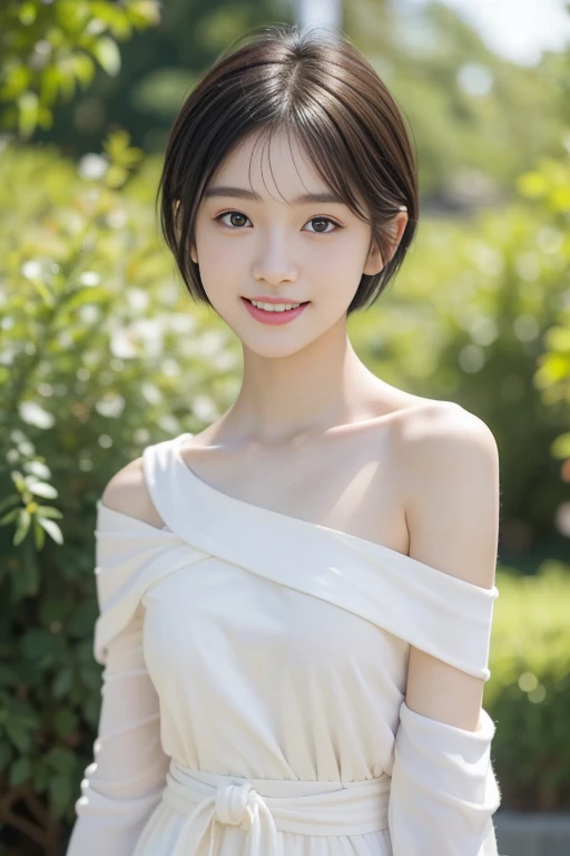 (((masterpiece))), (One beautiful Japanese girl, Pure and innocent,kawaii) ,超A high resolution, Realistic, ultra-detailliert, 8K,top-quality, Extremely detailed, Detailed background,A slender,very beautiful japanese girl, Detailed face:1.3), (Boyish short-haired,A dark-haired :1.4), (a ,kawaii系,adorable 14 year o(Perfect body:1.1), robe blanche, Show your beautiful teeth,Bursting smile, beautiful off shoulder clavicle、Scrunchie,Super Detailed Face、Detailed lips、A detailed eye、small gravure idol,Transparent skin,Lori