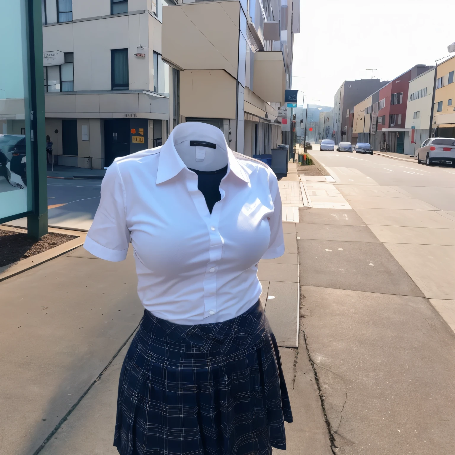 chubby, fat, school uniform, polo shirt, school stripe tie, plaid skirt, winter, hands on head, cute pose, (invisible, no humans, headless, faceless:1.5), (close-up to breasts), cute big breasts, (8k, RAW photo, best quality, masterpiece, high resolution, extremely detailed CG:1.2), (realistic, photo-realistic:1.37), photon mapping, radiosity, ((Hasselblad photography)), physically-based rendering