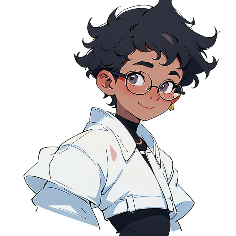 1boy smiling, curly hair, short hair, round glasses, white skin,
nose and mouth of a black person,
small gold piercings in the ear, hair shaved to the side, wearing a white shirt with a white jacket over it, half Brazilian and half black, 18 years old, looking younger,
dark hair