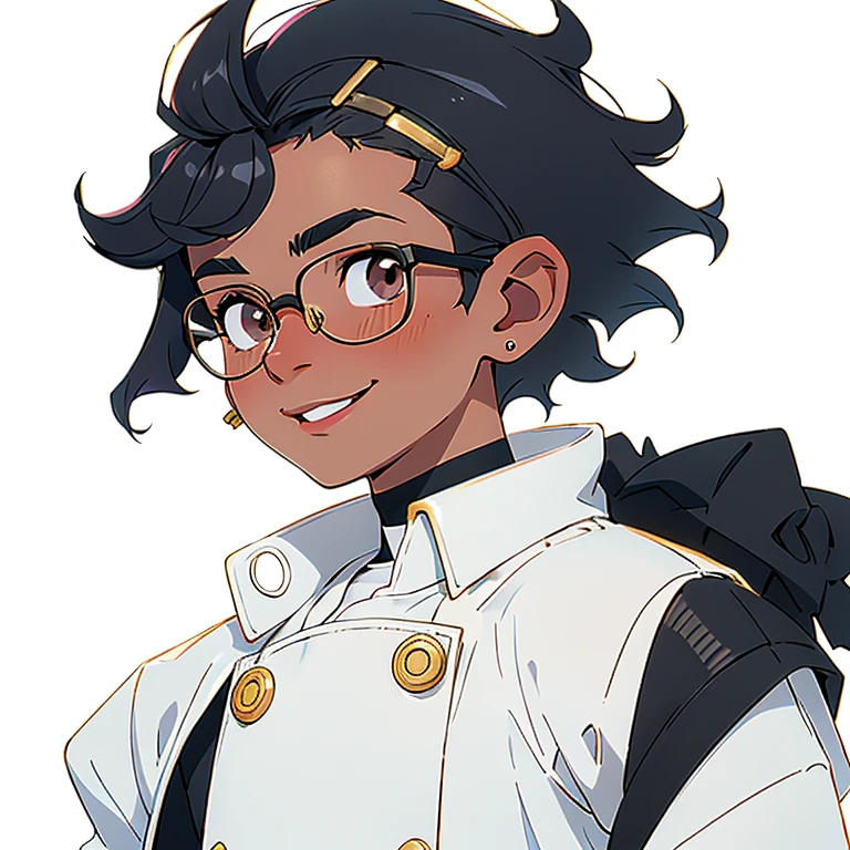 1boy smiling, curly hair, short hair, round glasses, white skin,
nose and mouth of a black person,
small gold piercings in the ear, hair shaved to the side, wearing a white shirt with a white jacket over it, half Brazilian and half black, 18 years old, looking younger,
dark hair
