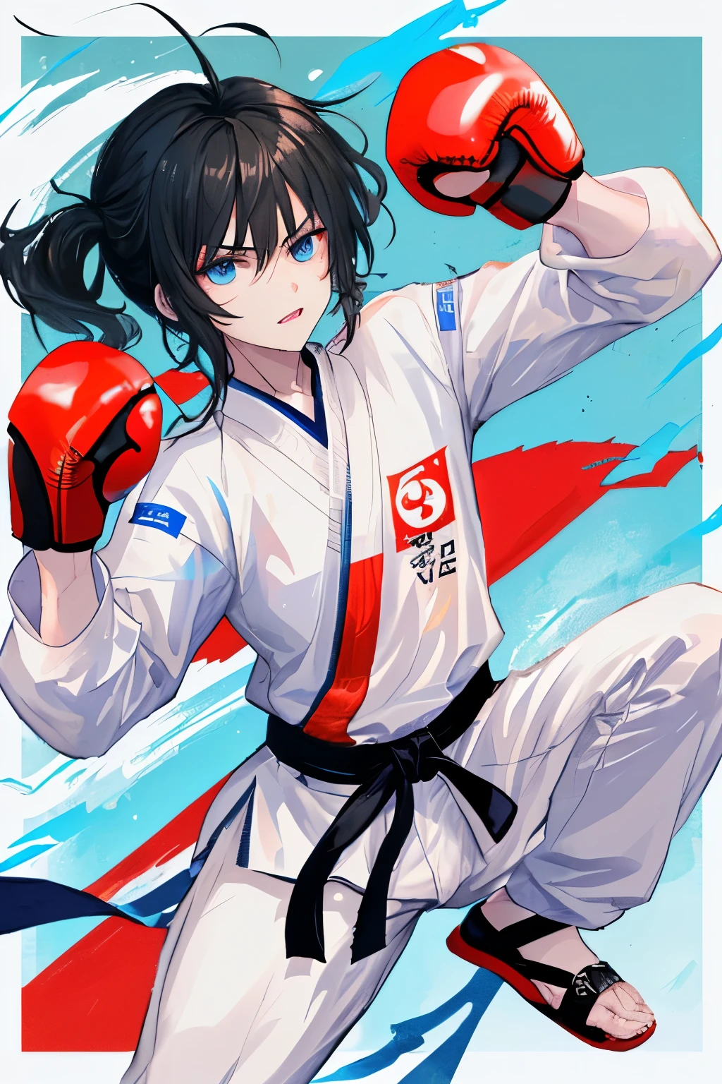 boy martial artist with jet black hair, blue eyes and a badass hairstyle (Taekwondo/ Kixkboxing), kind