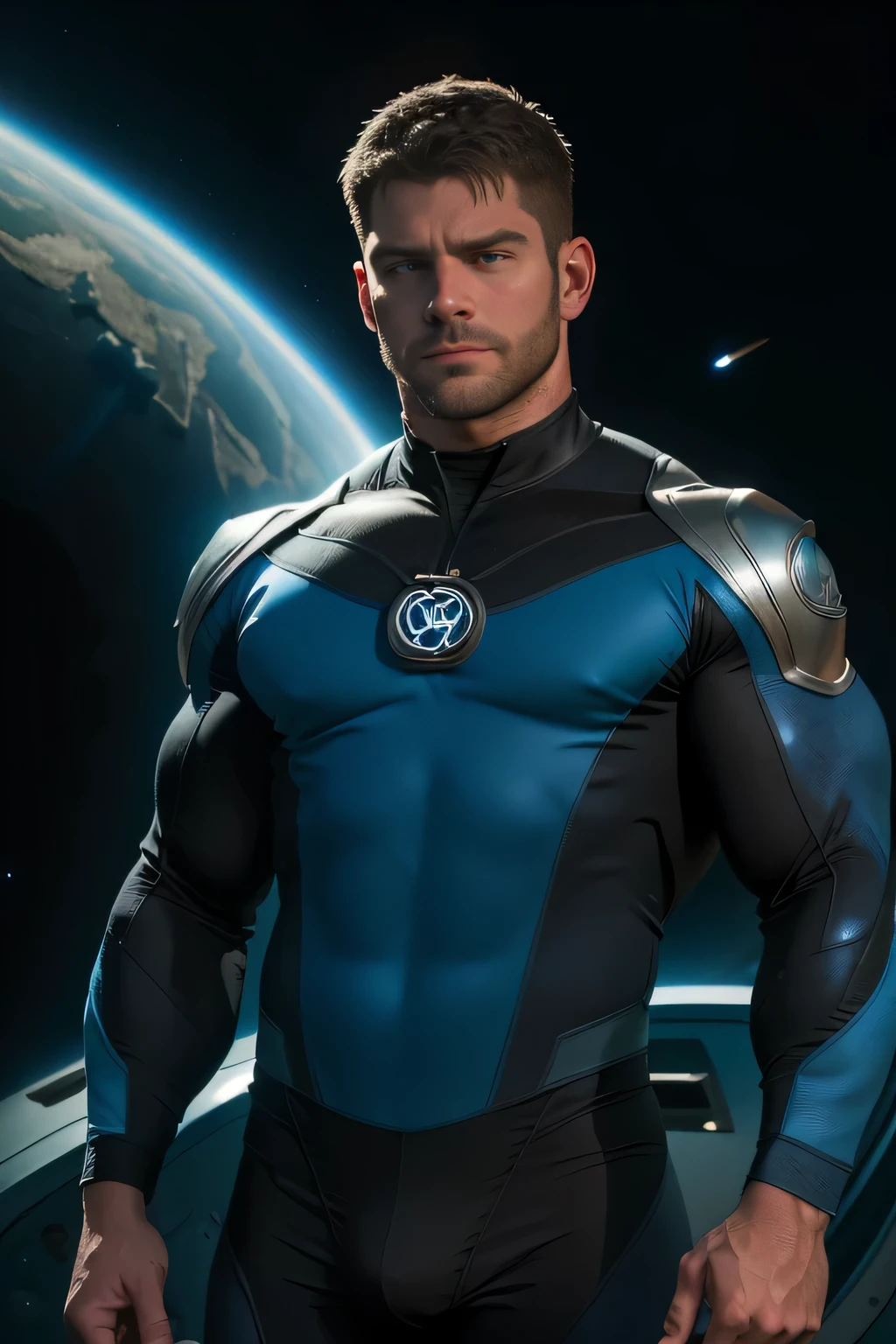 A man in a blue and black suit standing in front of a planet - SeaArt AI