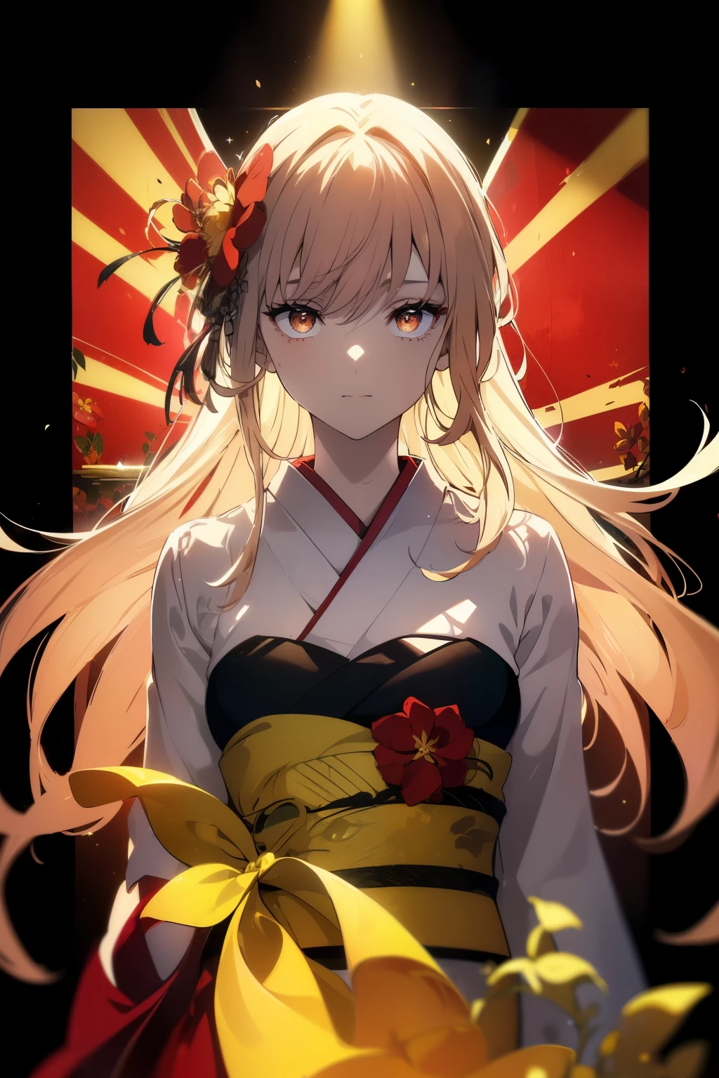 ((((Obra maestra, La mejor calidad, ultrahigh resolution)))), 1girl, standing, ((wearing a red_kimono)), long hair cut, pale skin, ((brown eyes)), (glowing_eyes, luminescent eyes), (ultra detailed eyes:0.7, beautiful and detailed face, detailed eyes:0.9), ((centered)), smile, ((wide shot)), facing viewer, (((vibrant background of outside, flowers, bright lighting, summer, sunlight))), flat chested, looking at viewer, ((perfect hands)), ((head:1, hips, elbows, arms, in view)), ((hands behind back)), beautiful lighting, defined subject, (18 years old), ((cool looking)), ((slight breeze in hair, vintage sun glare))