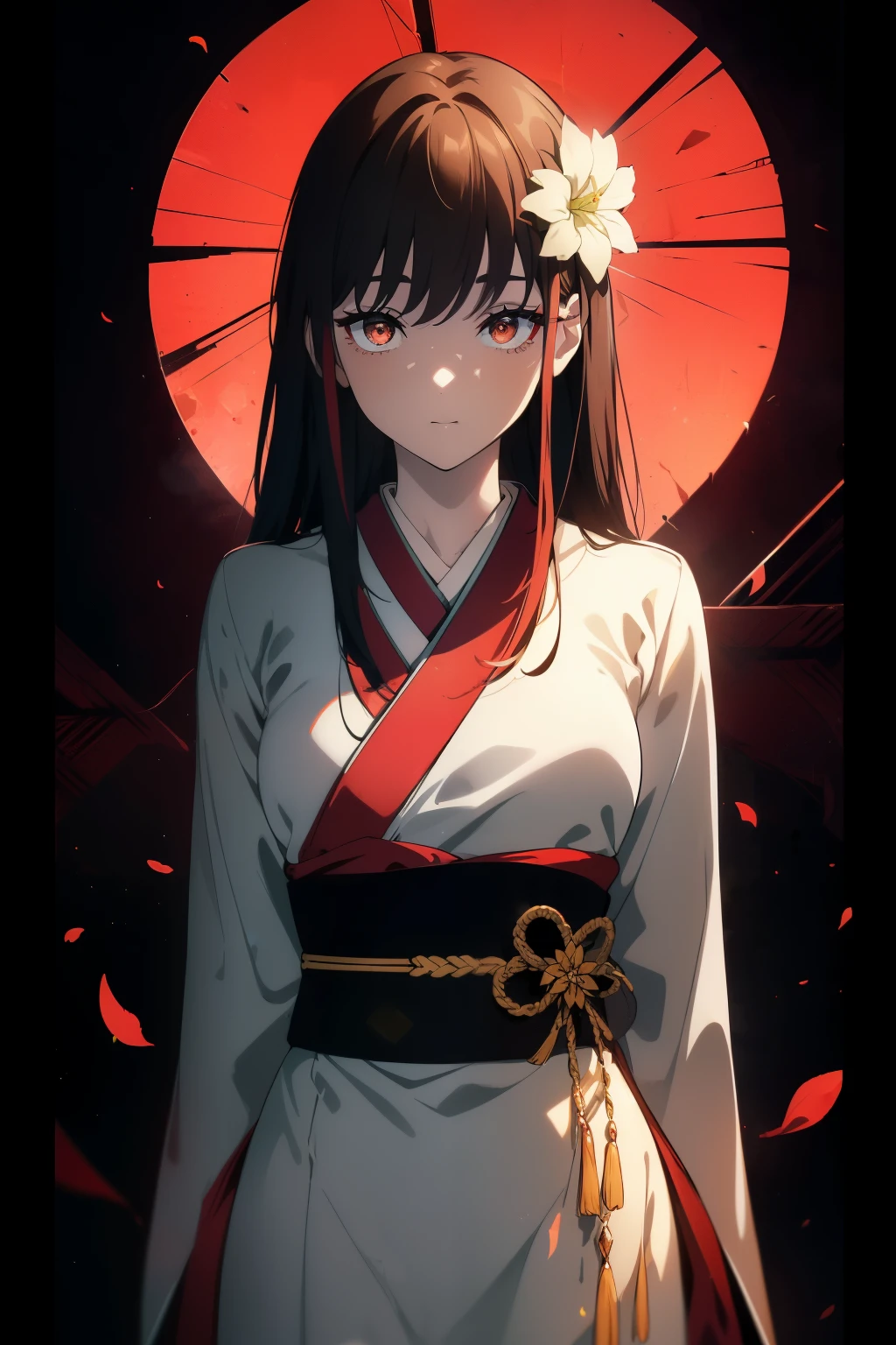 ((((Obra maestra, La mejor calidad, ultrahigh resolution)))), 1girl, standing, ((wearing a red_kimono)), long hair cut, pale skin, ((brown eyes)), (glowing_eyes, luminescent eyes), (ultra detailed eyes:0.7, beautiful and detailed face, detailed eyes:0.9), ((centered)), smile, ((wide shot)), facing viewer, (((vibrant background of outside, flowers, bright lighting, summer, sunlight))), flat chested, looking at viewer, ((perfect hands)), ((head:1, hips, elbows, arms, in view)), ((hands behind back)), beautiful lighting, defined subject, (18 years old), ((cool looking)), ((slight breeze in hair, vintage sun glare))