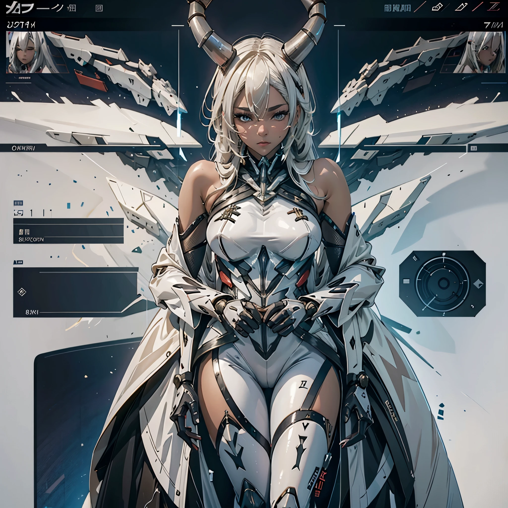 1 girl, solo, horns, dark skin, white hair, Owari, AzurLane, mecha suit, mechanical tail, grey and white suit, bodystocking, 8k, ultra detailed, best quality, highest resolution