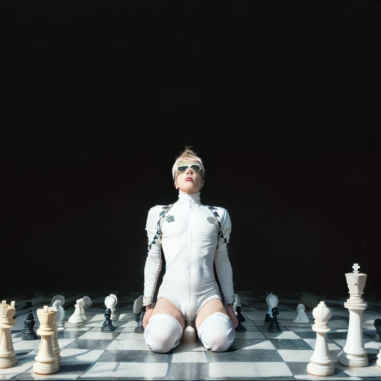 (2boys, empty background, chessboard floor, human chess, boys dressed in skintight chess piece bodysuits, white pawn kills black king:1.5)