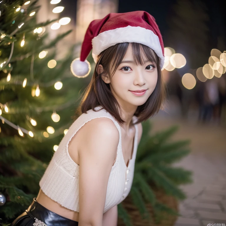 tre anatomically correct,Masterpiece of,High image quality,(red headwear),(He is wearing a cute Santa Claus hat:1.5),(Photographing the whole body),Professional Lighting,The ultra-detailliert,High quality textures,High quality shadows,depth of fields,Ray traching,Christmasツリー, Christmas,Fun atmosphere,Twinkling lights,Cozy,romantic,Cheerful,Warmth,Happiness,Magical,Holiday spirit, Ultra-realistic capture, Highly detailed, 人間の皮膚のhight resolution16kクローズアップ,Skin texture must be natural, Detailed enough to finely identify pores. Skin should look healthy, In a uniform tone,(Best Quality,4K,8K,hight resolution,masutepiece:1.2),Ultra-detailed,extremely detailed eye and face,Beautiful detailed eyes,Beautiful detailed lips,long eyelashes,(Realistic),Photorealistic:1.37,japanes,fine-grained white skin,beautiful and magnificent composition,masutepiece,Attractive,Cute,Silky smooth and straight hair,Sharp Focus,(Red face),(embarassed expression),(with round face),(healthy thigh body photo),(Full-body photography from a distance:1.4),((Silver hair color)), There was joy and excitement in her eyes.,,(夜のChristmasマーケット),(Lit up),(camel coat),(henley shirt),(leather skirt)