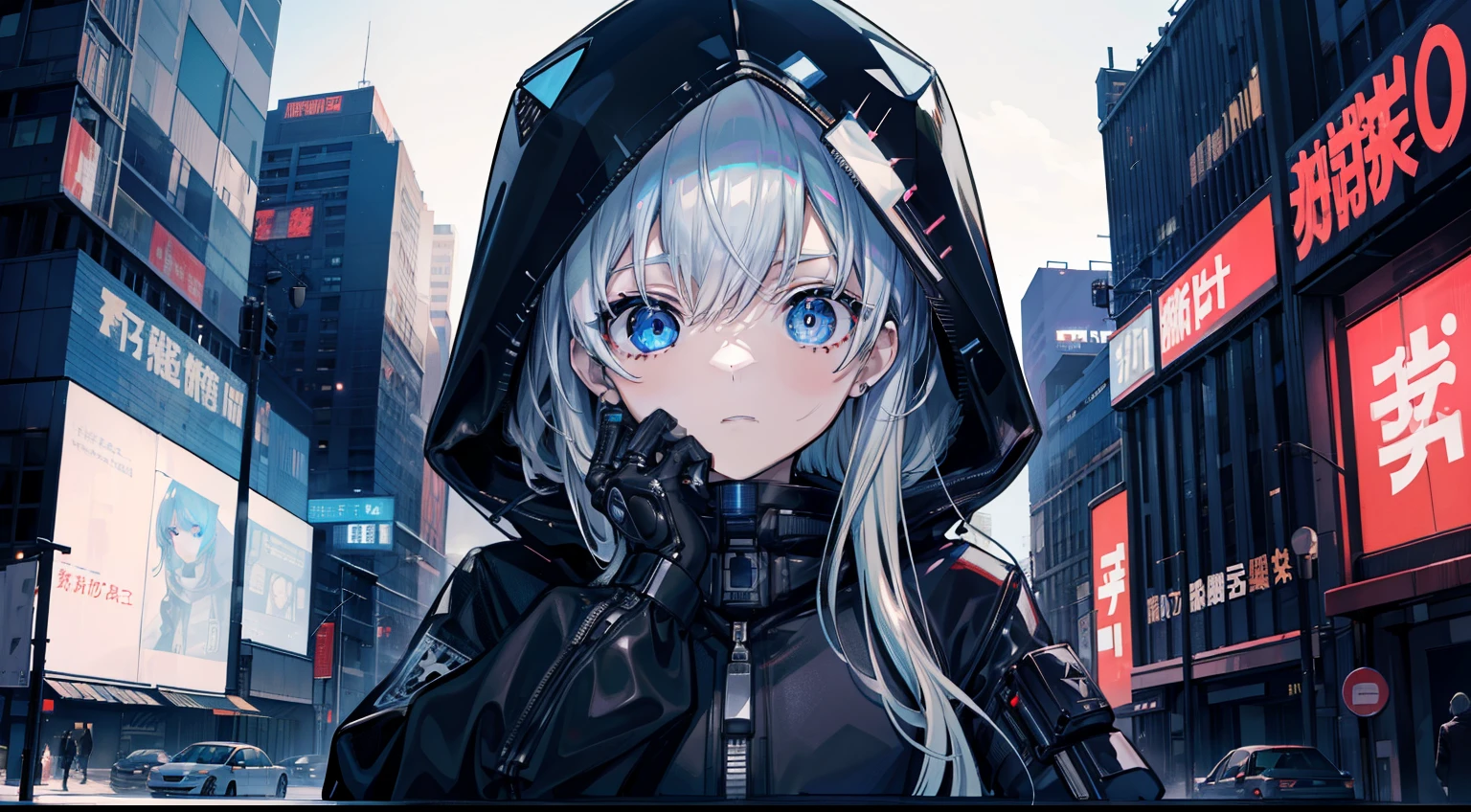 masutepiece、Best Quality、8K High Resolution、face perfect、Detailed face、Detailed eyes、Light blue eyes、foco nítido、Intricate details、high-detail、high detailing、mechanical guard,black hooded sweatshirt,Long knives,Glossy metallic texture,Rich in detail,City of Steel,Cyberpunk Personality,Near future,terrorism,Interstellar battlefield、((Four Men))、