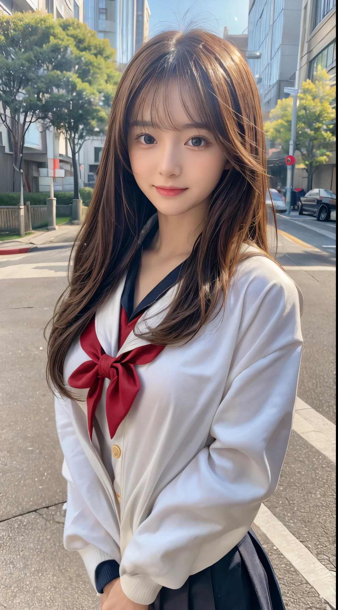 (8k,masterpiece, RAW photo,best quality:1.4),(photo realistic:1.2),(extremely detailed face),(shiny skin),(detailed skin),(detailed face),(extremely beautiful face),1girl,looking at viewer,Japanese idle(actress), brown hair,medium hair,straight hair,asymmetrical bangs,smile,glamor,big breasts, (school uniform, sailor suit:1.2), street ,high position,natural lighti