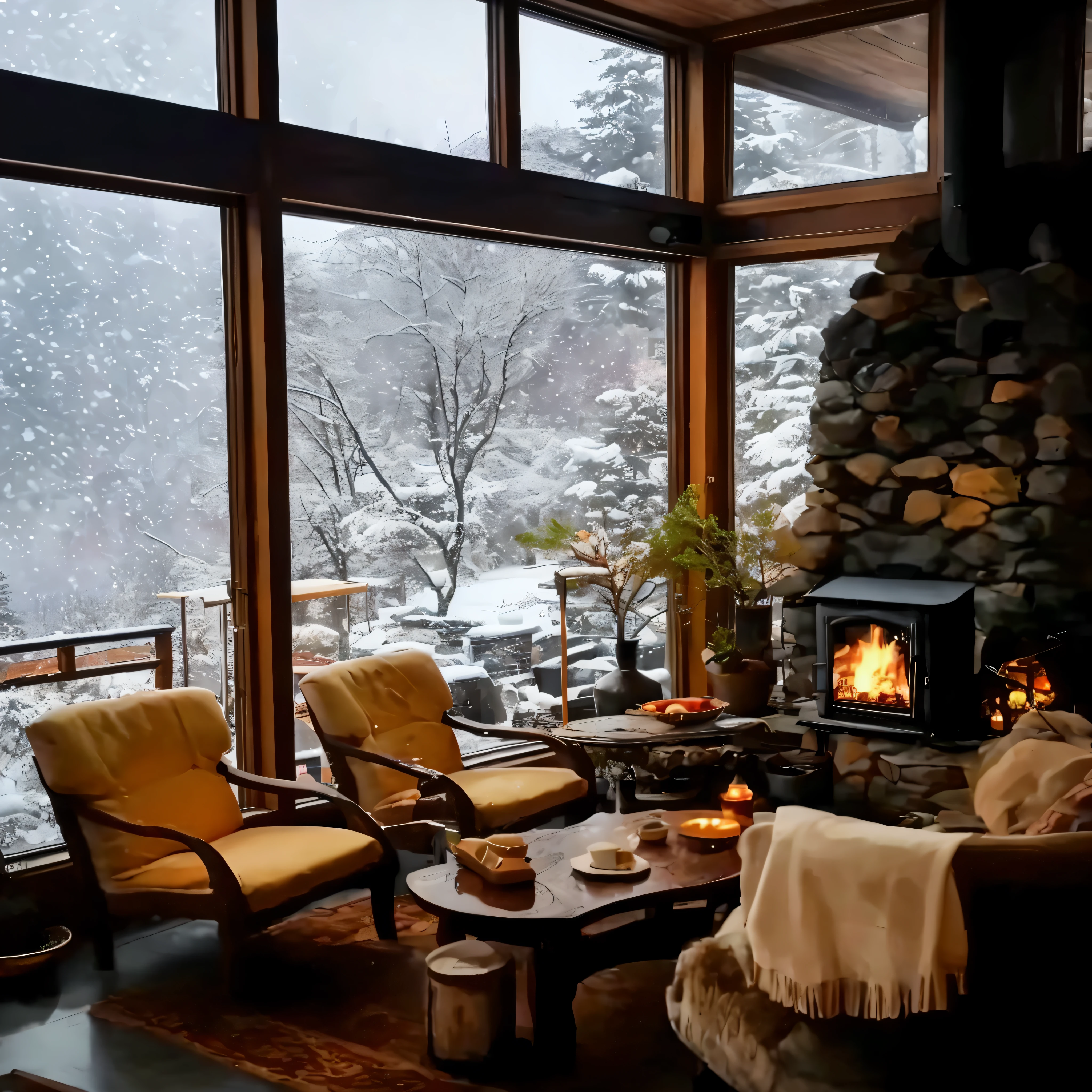 带壁炉和大窗户liveroom的夫景观, cozy place, cozy and peaceful atmosphere, cozy environment, cozy environment, cozy and calm, winter setting, warm interior, It was snowing outside, liveroom, 舒适liveroom, Cozy fireplace, comfortable atmosphere, cozy room, comfortable atmosphere, Cold snow outside, Home page background