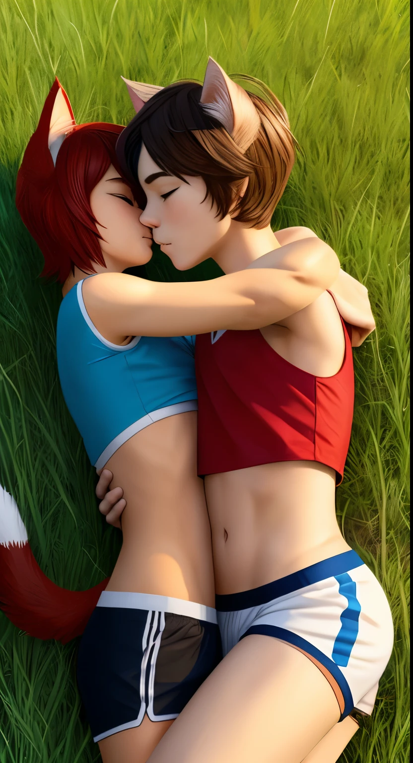 A boy humanoid cat lies on the grass in an embrace with a girl cat, cat boy wearing a short top, девушка кот одета в crop top, both in short sports shorts, both in short sports tops, crop top