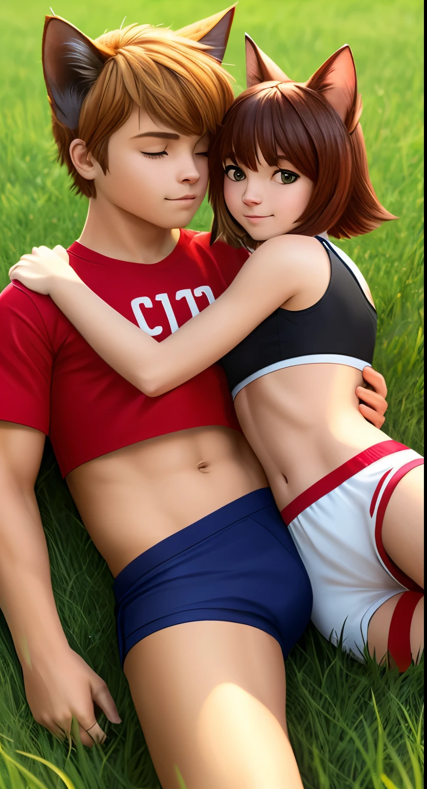 A boy humanoid cat lies on the grass in an embrace with a girl cat, cat boy wearing a short top, девушка кот одета в crop top, both in short sports shorts, both in short sports tops, crop top