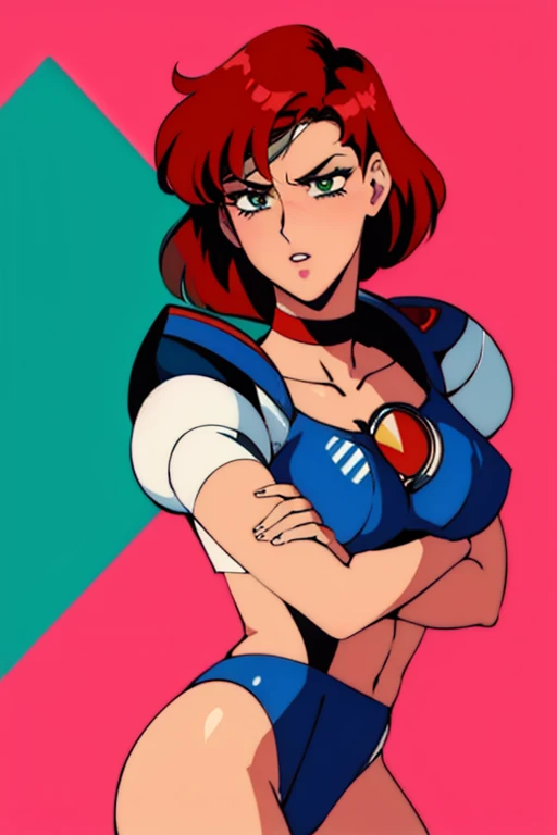 1990s_\(style\), sailor moon anime style, retro anime, masterpiece, best quality, 1girl, cowboy shot, Jane Shepard, FemShep, short hair, red hair, green eyes, black power armor, N7,