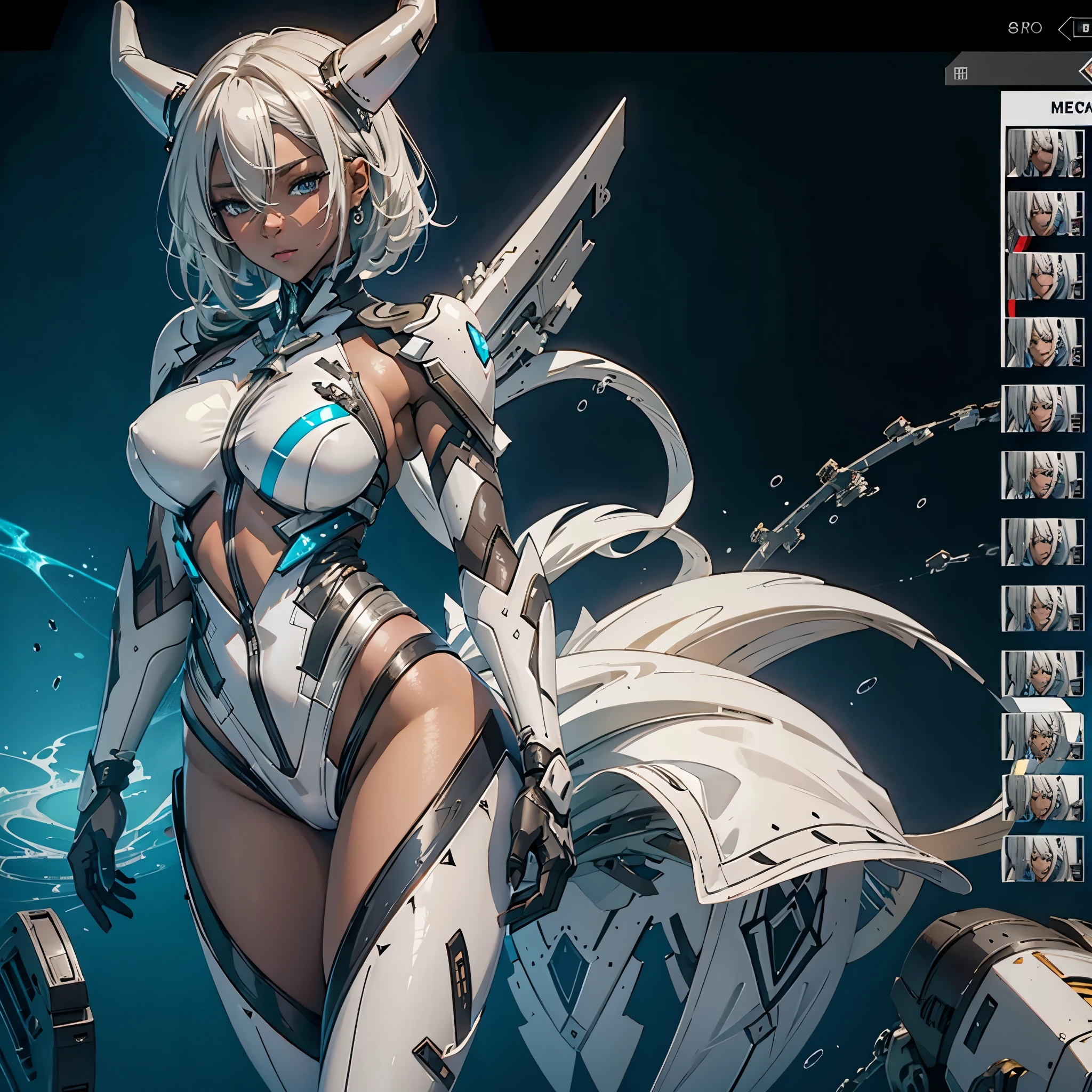 1 girl, solo, horns, dark skin, white hair, Owari, AzurLane, mecha suit, mechanical tail, grey and white suit, bodystocking, 8k, ultra detailed, best quality, highest resolution