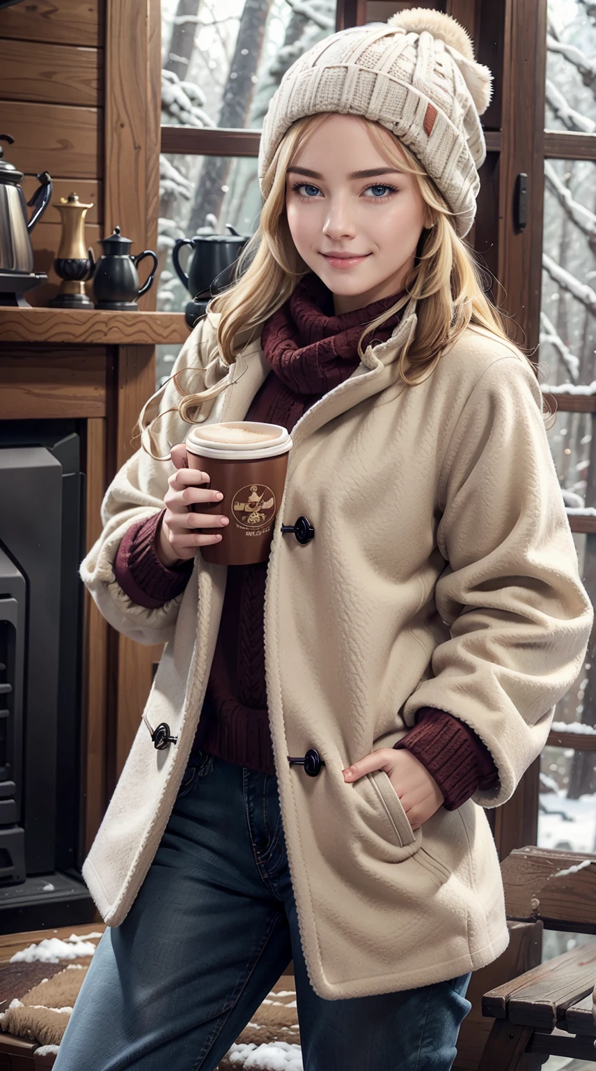 24-year-old Caucasian woman、Hair is blonde、Eye color is blue、Semi-long、Slender but well-proportioned muscular man、wearing a neck warmer、wearing a duffel coat、wearing a sweater inside a duffel coat、I'm wearing jeans、I'm in front of a fireplace in a lodge in a snowy forest.、a smile、wearing a woolen hat、holding a coffee cup with both hands