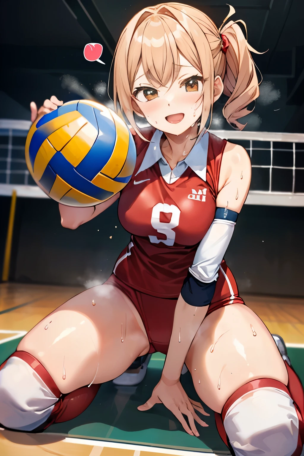 unity 8k wallpaper, anatomically correct, (((masterpiece))), (((best quality))), (((ultra detailed))), (((high-resolution))), ((super fine illustration)), ((Ultimate cutie)), ((perfect hands)), ((perfect finger)), (((good anatomy))), detailed beautiful face, shiny hair, (((gyaru))), (potbelly), (curvy), medium breasts, ((Thick thighs)), (((solo))), ((seductive smile)), (((blush))), ((half open mouth)),
BREAK, (((sit astride the spherical shape 6-inch volleyball))), (((straddling on the spherical shape 6-inch volleyball))), (((Put crotch right the spherical shape 6-inch volleyball))),
BREAK, (((Rub the spherical shape 6-inch volleyball against crotch)))),
BREAK, (Collared volleyball uniforms), sleeveless, ((buruma)), ((kneepad)), (elbow pad), (((sweat))), (((covered in sweat))), ((deep breathing)), in Volleyball Court, indoor, lighting, looking at viewer, full body, (spoken heart)