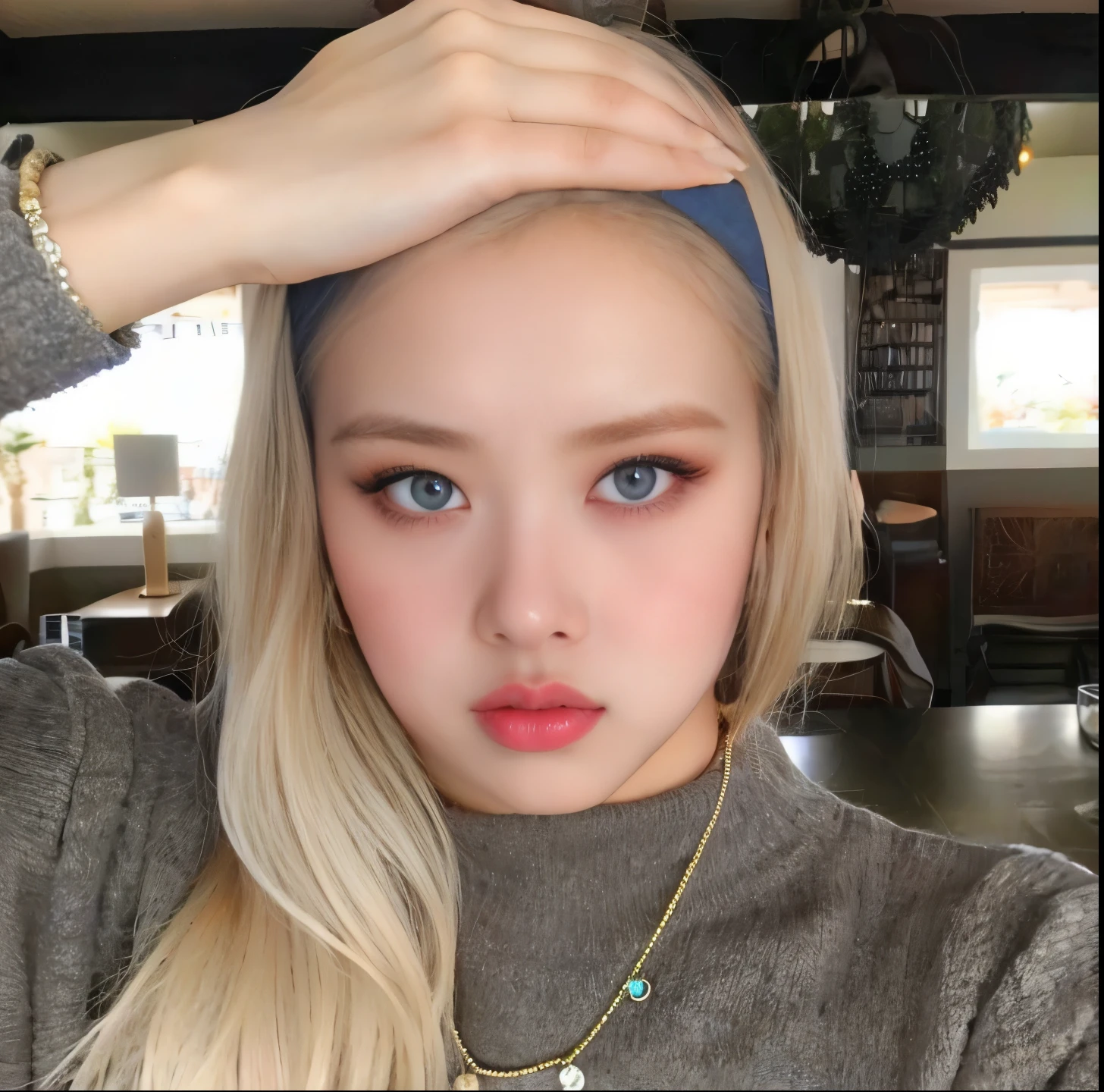 blonde woman with blue eyes and a gray sweater holding a necklace, sem maquiagem, Jisoo blackpink, coreana, taken in the early 2020s, Yelena Belova, cabelos loiros e olhos azuis, Anastasia Ovchinnikova, olhos azuis e cabelos loiros, cabelos loiros e olhos grandes, mulher sueca loira, rosto perfeito ), imagem vazada, long cabelos loiros e olhos azuis, jennie, rose blackpink face