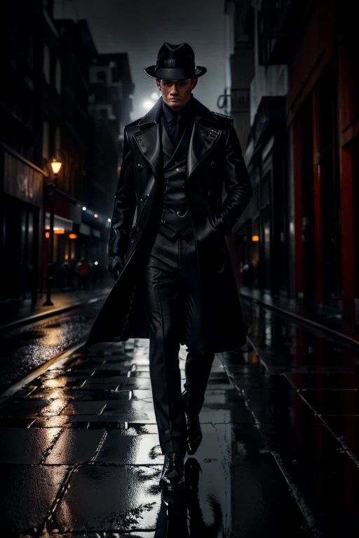 (Best Quality, detailed, restoration of faces and hands, Professional lighting) scandinavian young muscular man, silver hair with a fade, intense onyx eyes, in an outfit of a black trench coat walking under a rainy night