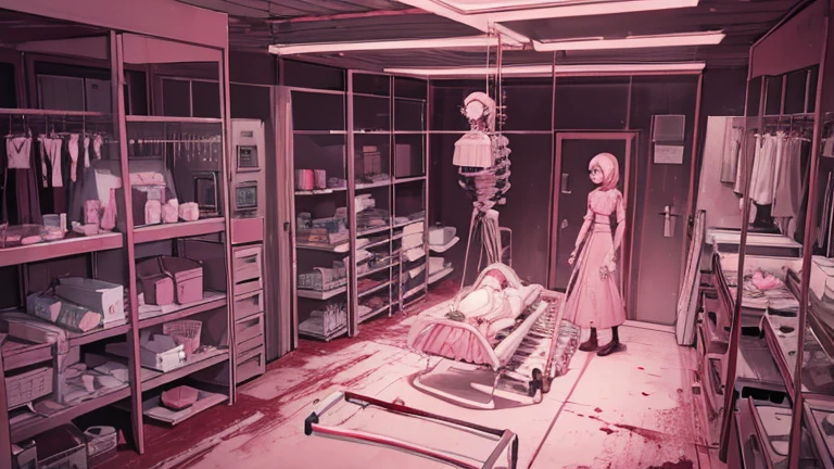 Pink tones,Light pink operating room,Exaggerated folded horror wallpaper with doll handprints,Lots of medical equipment,medical instruments,Skeleton dolls,Needle,Dreamy and detailed,blood vessels,Scary atmosphere,Wide angles,EMPTY