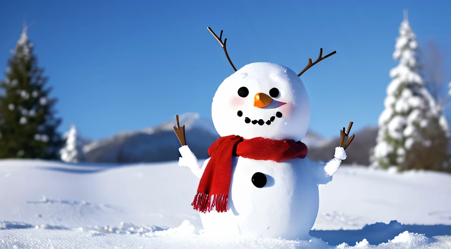 high-level image quality。illustratio。disney anime touch。snow is piled up on the meadow。Unique、A humorous snowman is standing。snow spirits are playing。Snowy mountains can be seen in the distance。fir tree、Christmas Decorations。