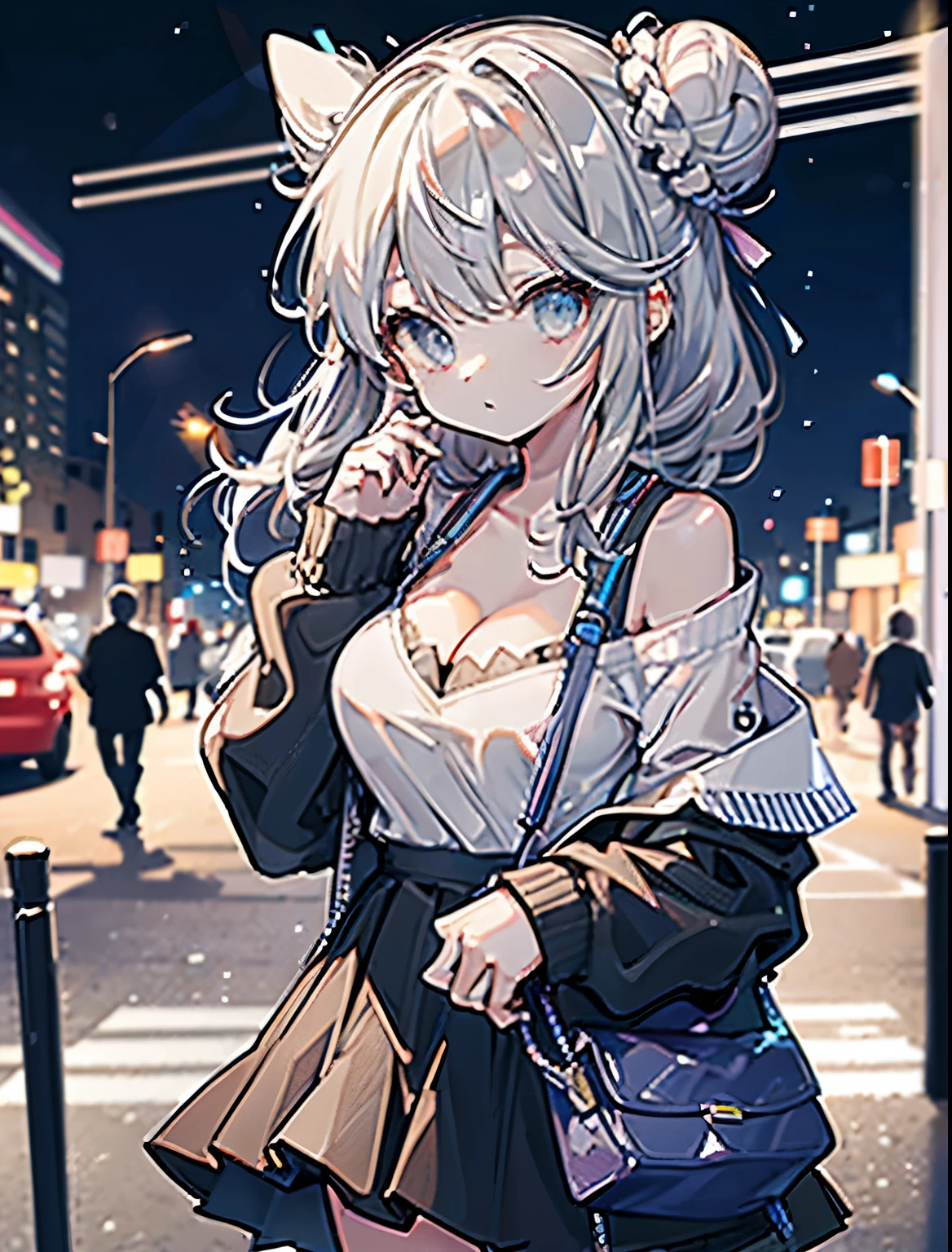 best qualtiy, 超A high resolution, (realisticlying:1.4), 1girll, Off-shoulder white shirt, Black tight skirt, suffocated black gray messy bun:1), Faded ash-gray hair, (large cleavage:1.2), looking at viewert, closeup cleavage,
,See-throughtransparent...