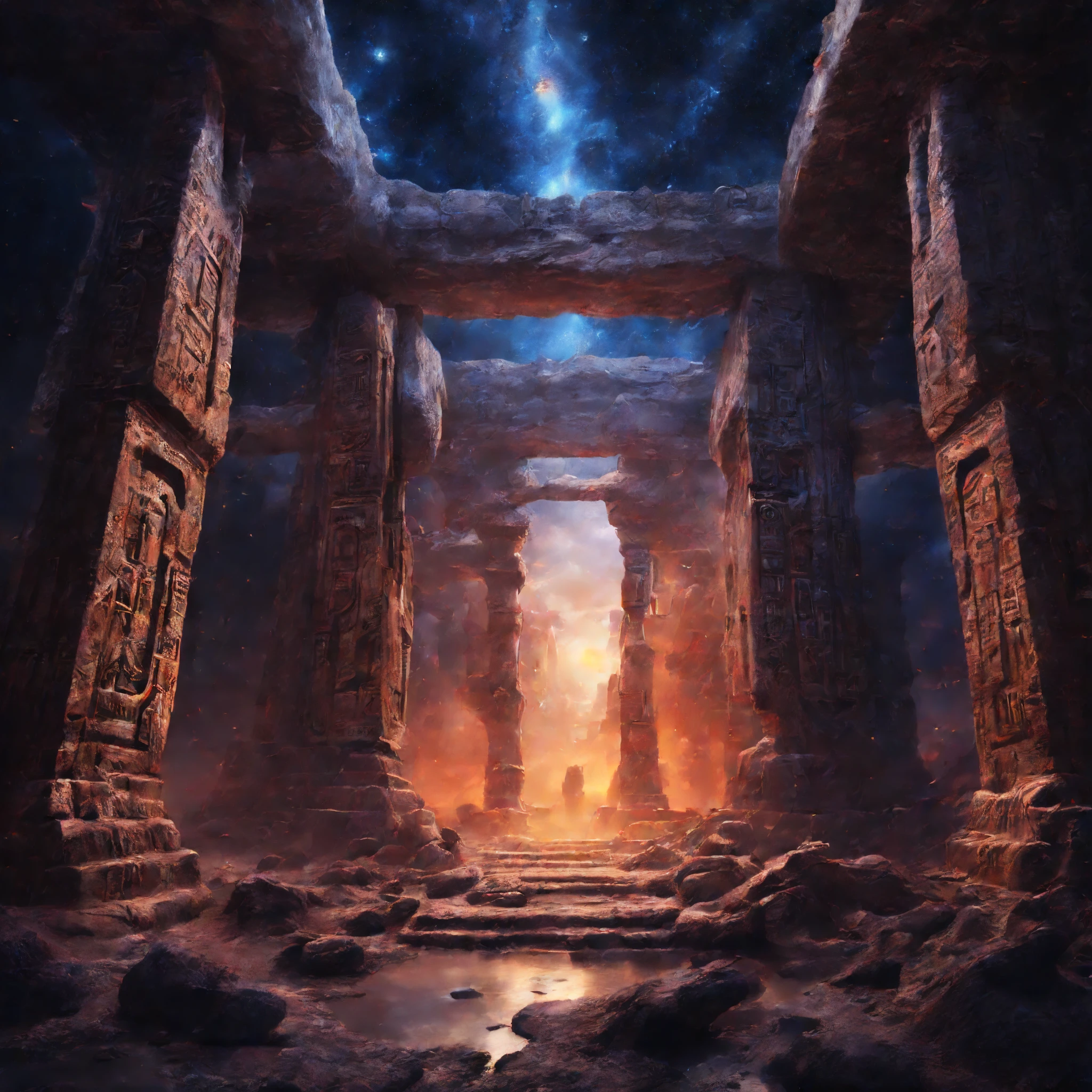 mysterious, divine, finest image, 8k, RAW photo, realistic, fantasy, art of ancient civilizations, digital art, underground ruins, aerial ruins, hieroglyphs, abstract paintings, background space galaxy, detailed, delicate, flashy and dynamic depiction