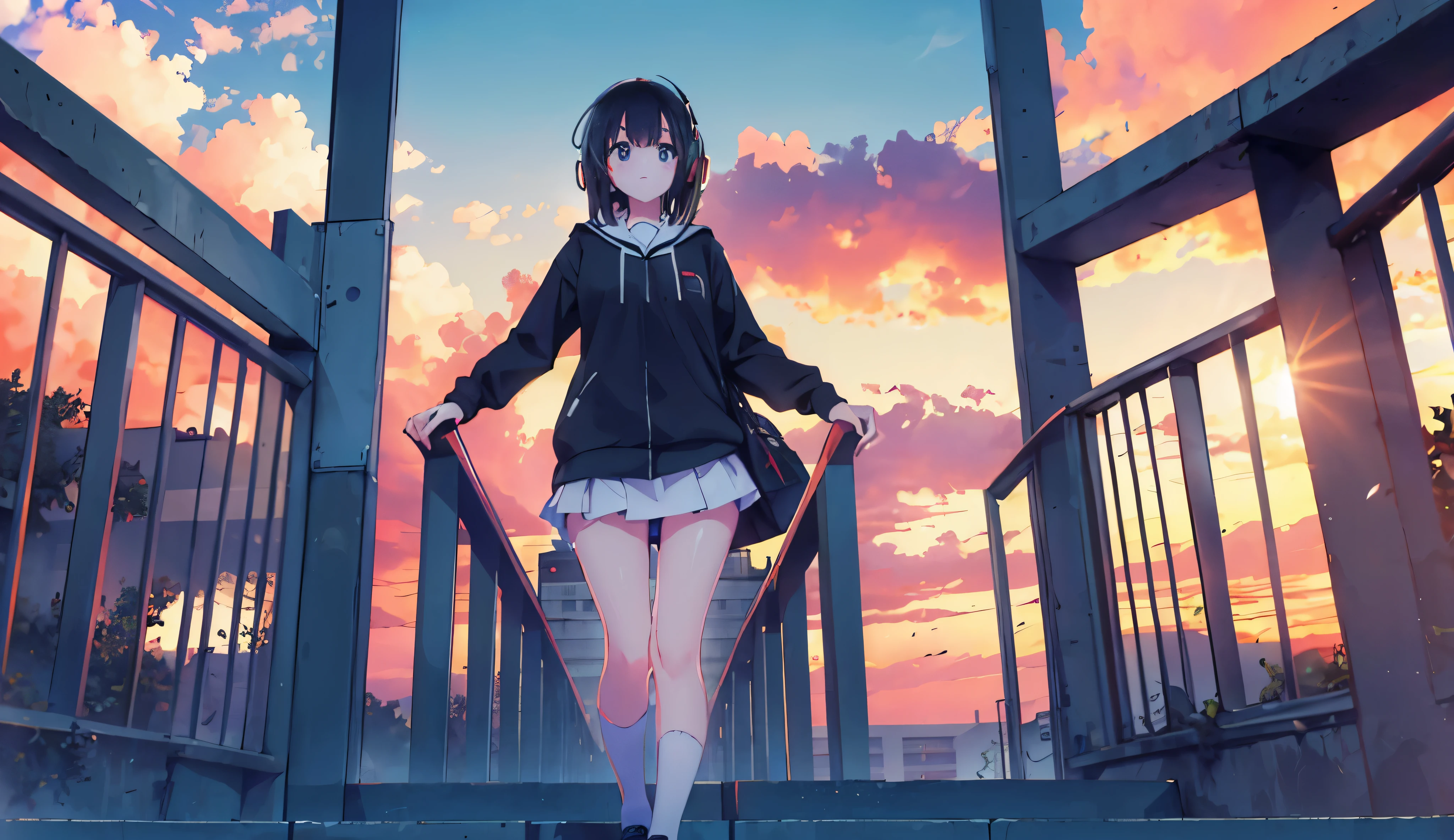 Girl with black hair and stockings, students under sunset, Located in the center of the picture. the best quality masterpiece, A high resolution, Corridors are basically symmetrically distributed. Not too big,The legs should be longer and thinner. Stockings should be black and longer. Headphones should be hanging around your neck,There should be a bird-shaped brooch on the chest. Face shape should not be changed,A little more refined.