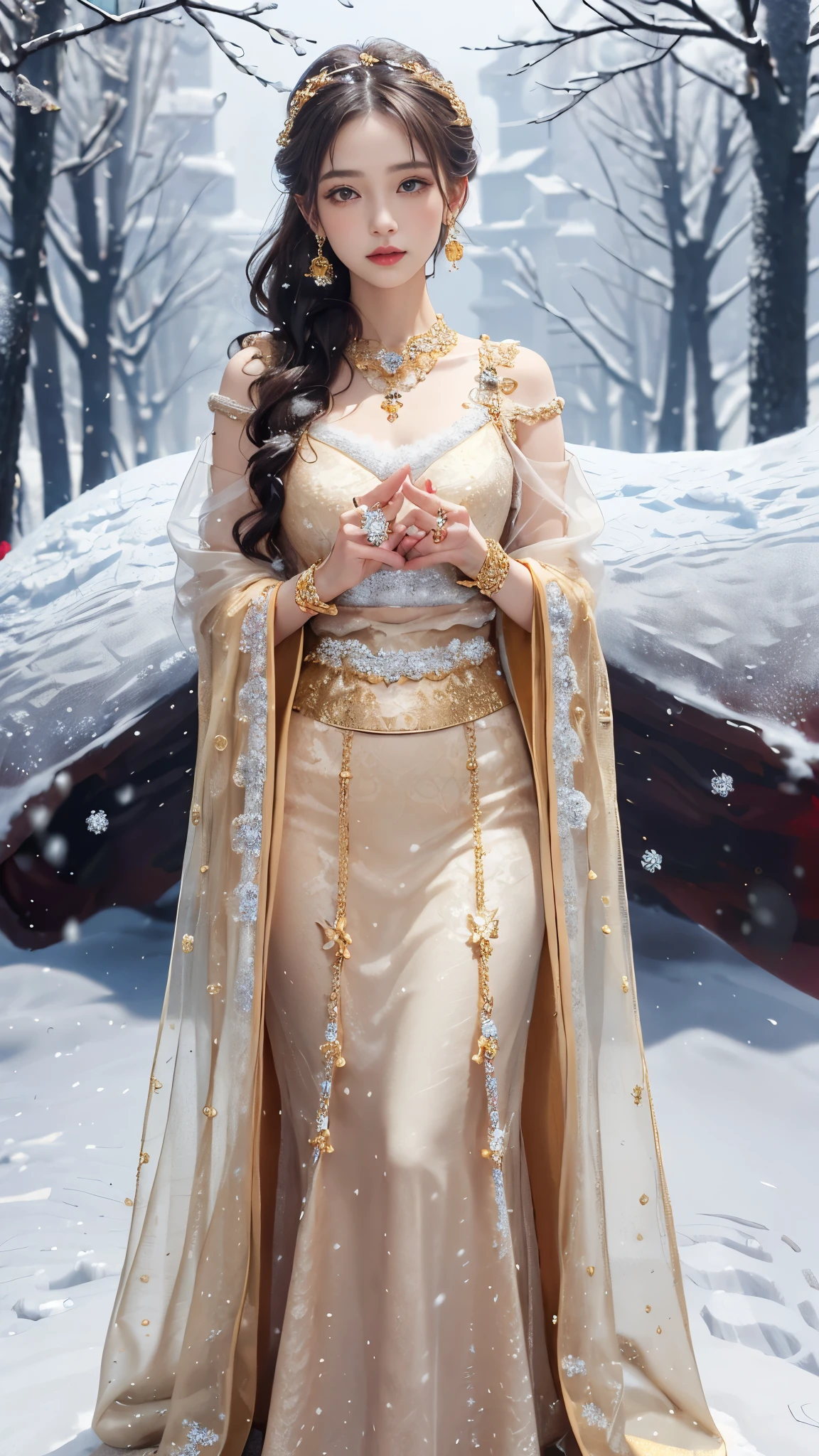 8k, masterpiece, 1 girl, beautiful face, very long hair, light makeup, detailed eyes, detailed lips, small bust, winter dress, golden dress, (wearing jewellery:1.8), (golden lace:1.4), ((snow falling:1.4)),