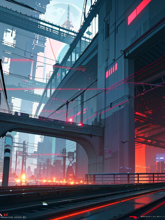 (Cyberpunk landscape), (era, Amy Saul style), (moon light, pedestrian bridges, elevated trains, cables, Duct, energy lines, building towers, Tunnels), cover art with light abstraction, abstract,  vector art, modern cyberpunk art, Color gradients, Soft color palettes, Layered forms, Fancy animation, style Ethereal abstract, 4k, --v6