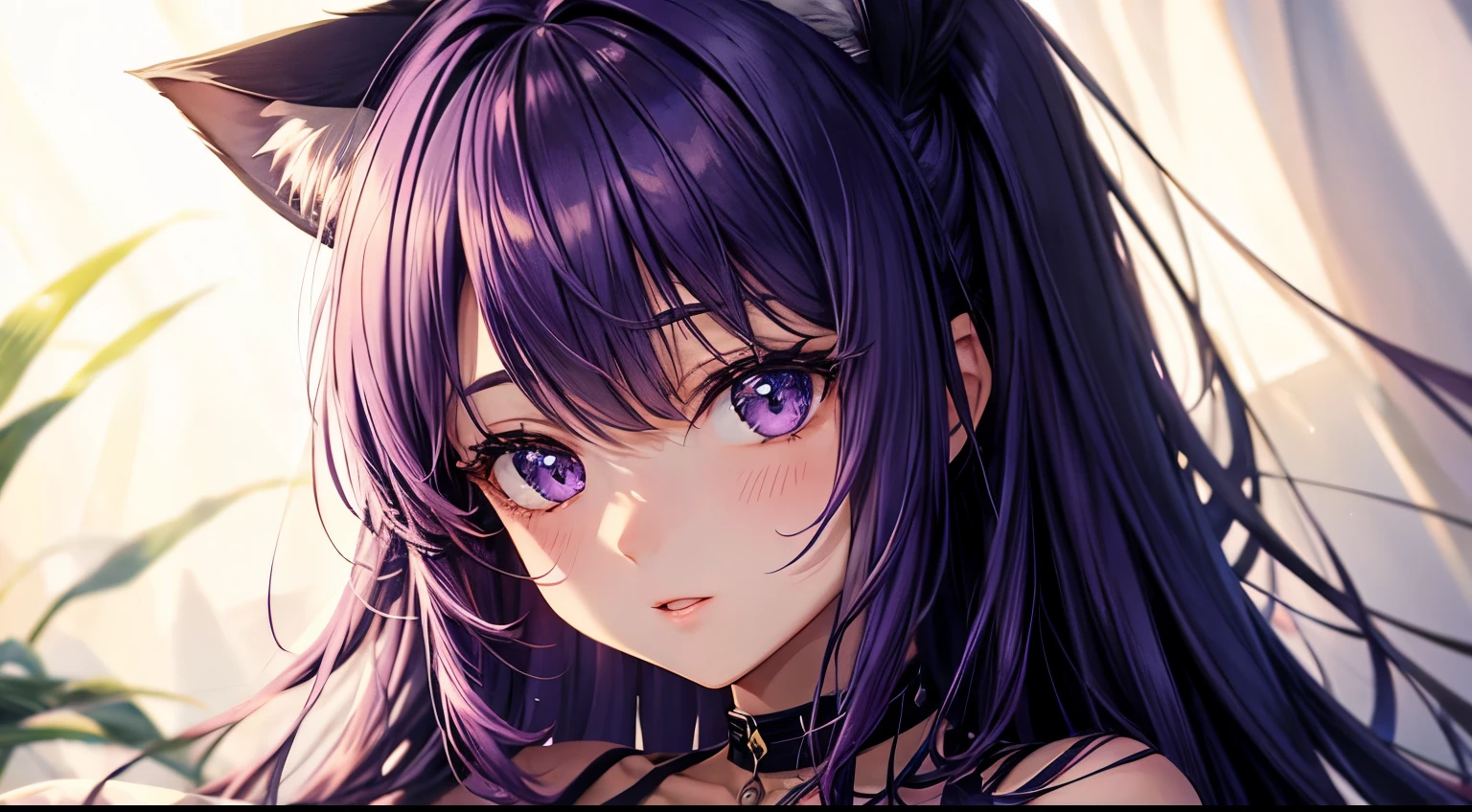 cute girl, purple hair, cat ears, detailed lighting, anime