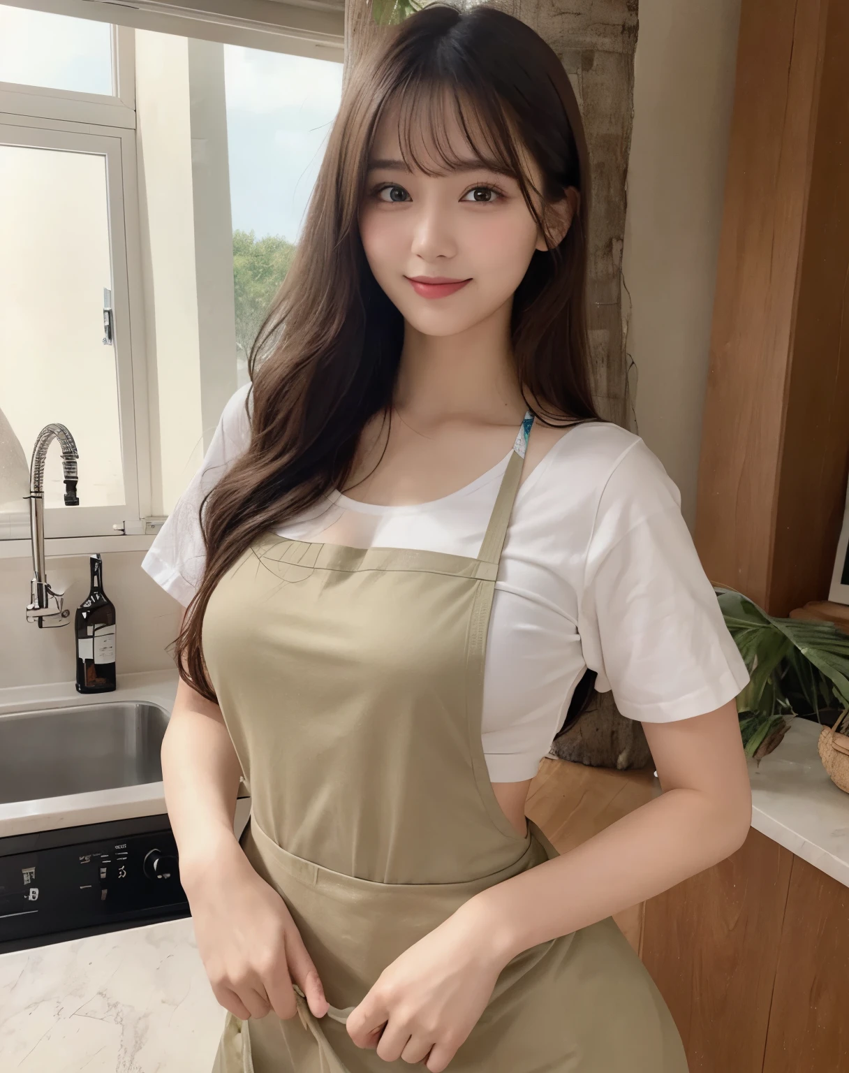 masterpiece, Best Quality, Illustration, Ultra-detailed, finely detail, high resolution, 8K Wallpaper, Perfect dynamic composition, Beautiful detailed eyes, Big breasts, Natural Color Lip, posing, Smile, (kitchen), Looking at camera, 20 years girl, full body shot, long hair, ((wearing apron)),