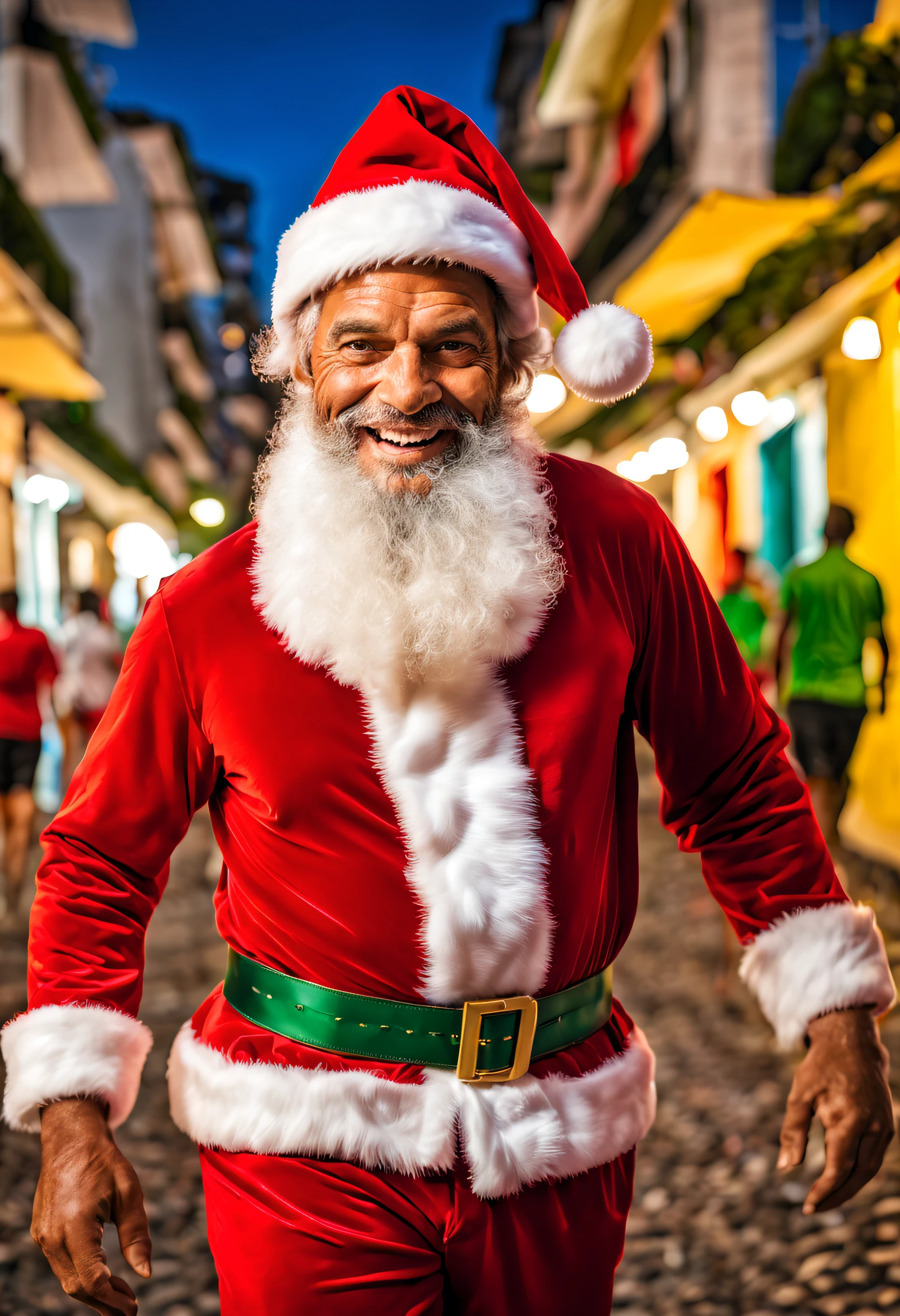 Um homem com uma roupa de papai noel com fundo no rio de janeiro, segurando um saco de presente, (rosto e corpo extremamente detalhados), cores vibrantes, (retrato), tom de cor vermelha, cheerful lighting, (best quality, ultra-detalhado, Altas), Realistic