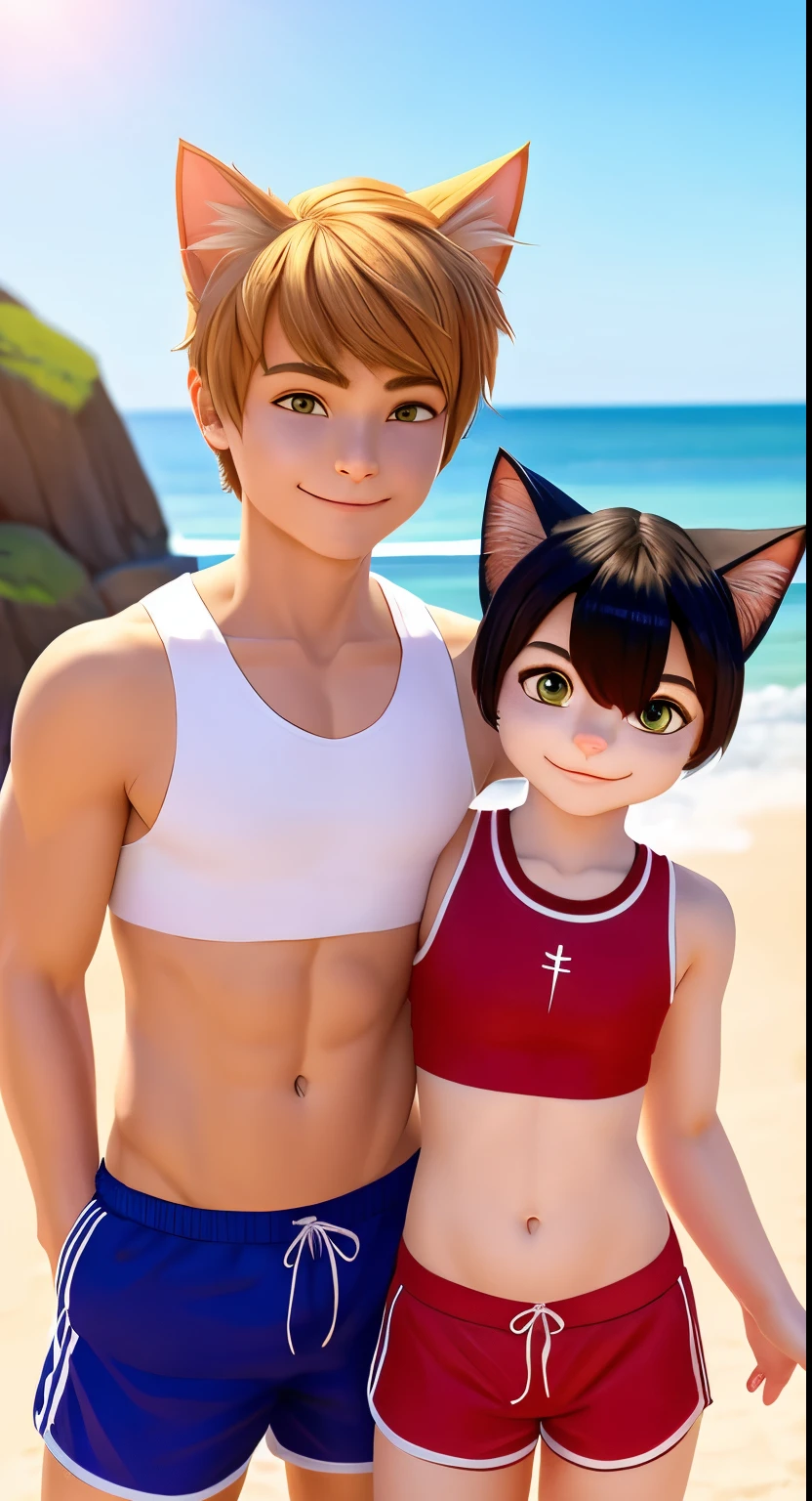 Boy humanoid cat stands on the beach with his mother cat, cat boy wearing a short top, мама кошка одета в crop top, both in short sports shorts, both in short sports tops, crop top