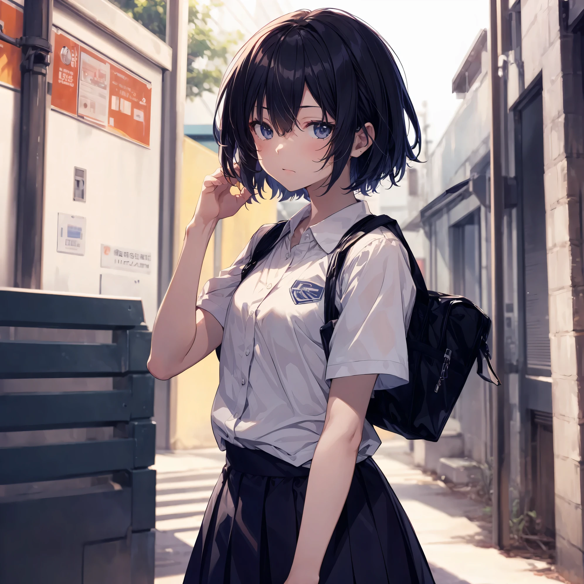 Super high quality by the art god, Ultra-detailed, High resolution, Shinkai Makoto style, anime moe art style, best anime 8K konachan wallpaper, Pixiv Contest Winner, Perfect Anatomy, BREAK,(Please draw a sleepy girl going to school alone.. ),BREAK,1girl in, (Solo,Lori,child,13years:1.3),Full limbs, complete fingers,a junior high school student, Androgynous attraction, (Very short hair), hair messy, flat chest, Small butt, groin, Small eyes,Beautiful detailed black eyes, Well-proportioned iris and pupils, disgusted eye, High resolution detailed hair, School uniform, Skirt, On the way to school. BREAK,Ultra-detailed細なスキン, Best lighting by famous artists, 8K, Illustration,