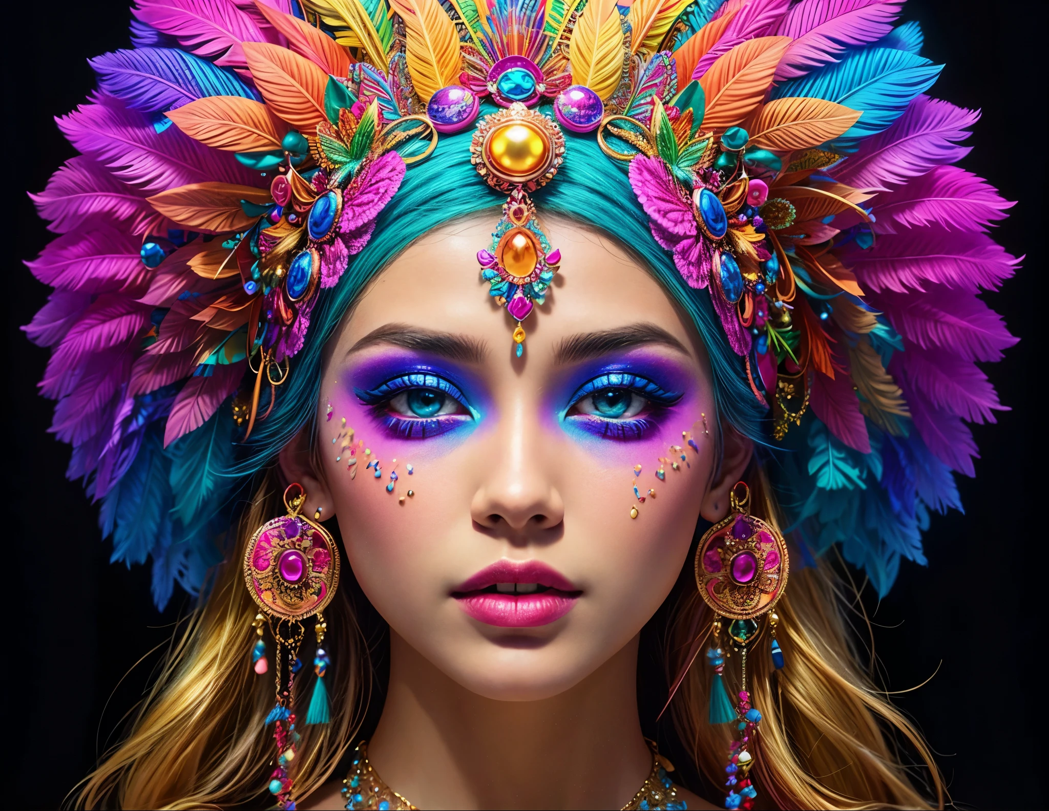 สาวสวย colorfully makeup and feather ผ้าโพกศีรษะ posing for a picture, colorfully, beautiful colorfully, colorfully image, colorfully rave makeup, colorfully fashion, beautiful and colorfully, A festival of diverse colors, Golden Hair, blue eyes, (Realistic face details), intricate detailed, very high details, photo-hyper-realistic, 8k, UHD, hyperdetailed,