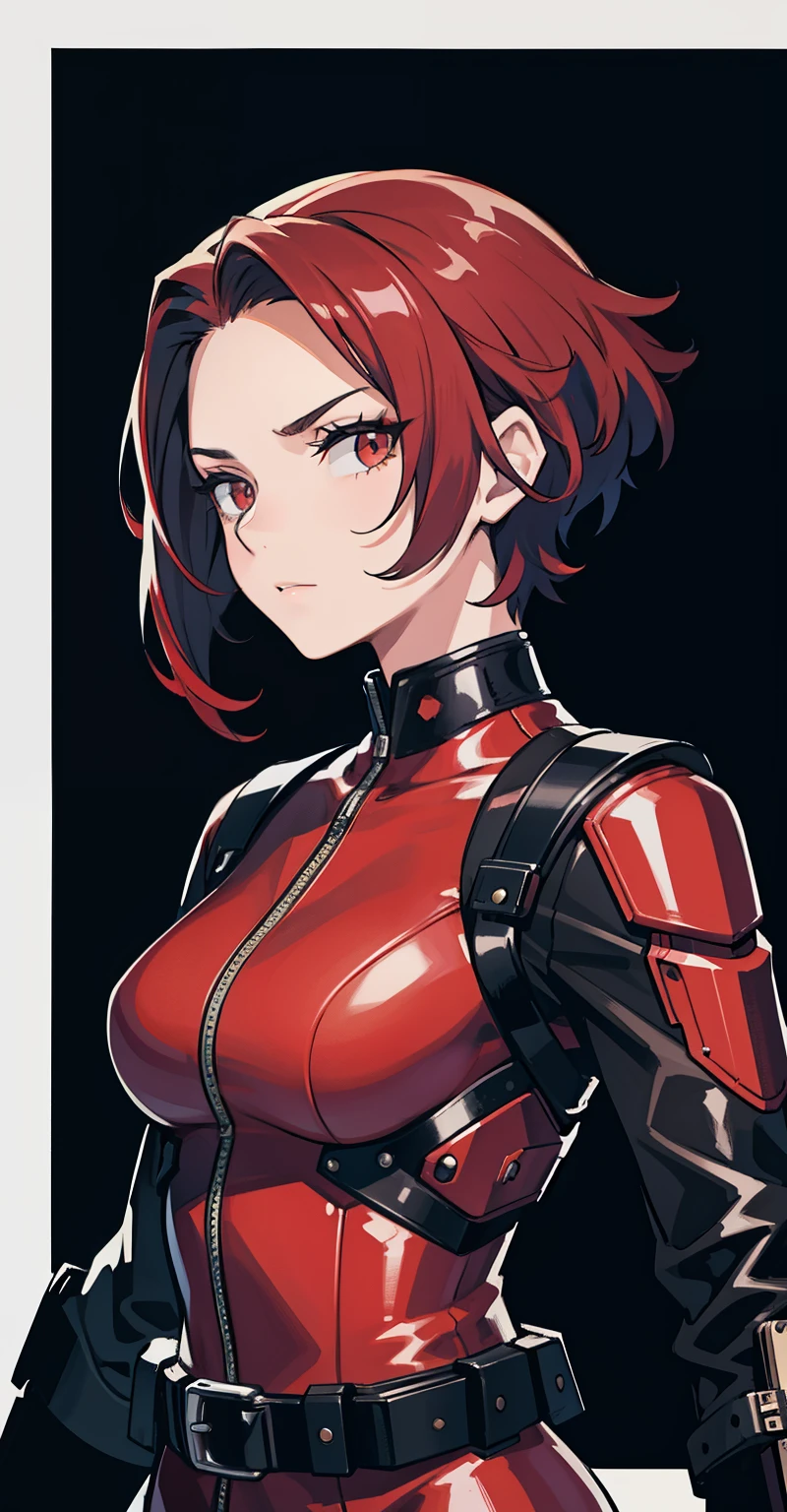 1girl, masterpiece, lady_nagant, short hair, red hair,  red eyes, serious, black suit, portrait, mechanical belt, night city background, latex,