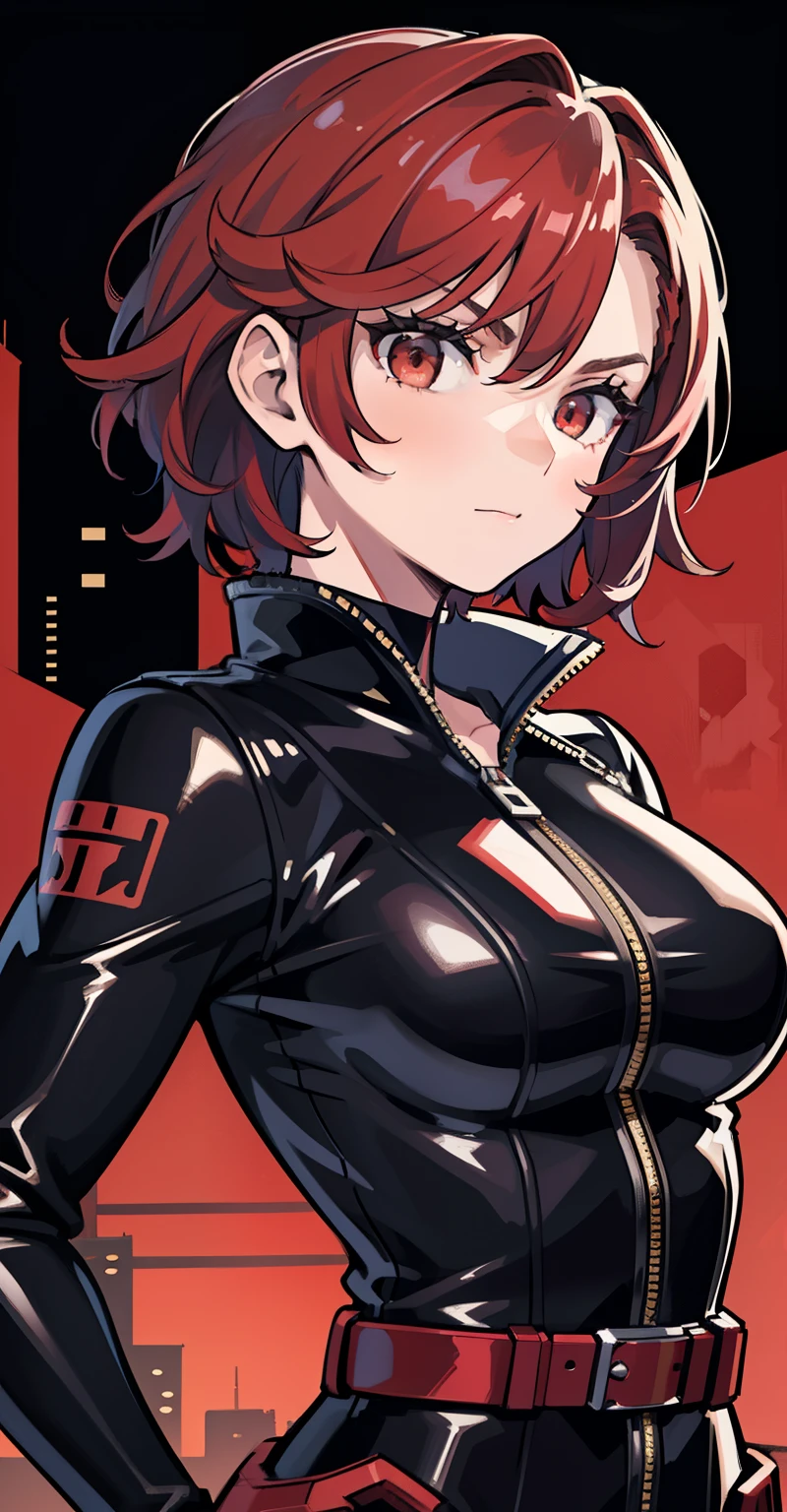 1girl, masterpiece, lady_nagant, short hair, red hair, red eyes, serious, black suit, portrait, mechanical belt, night city background, latex,