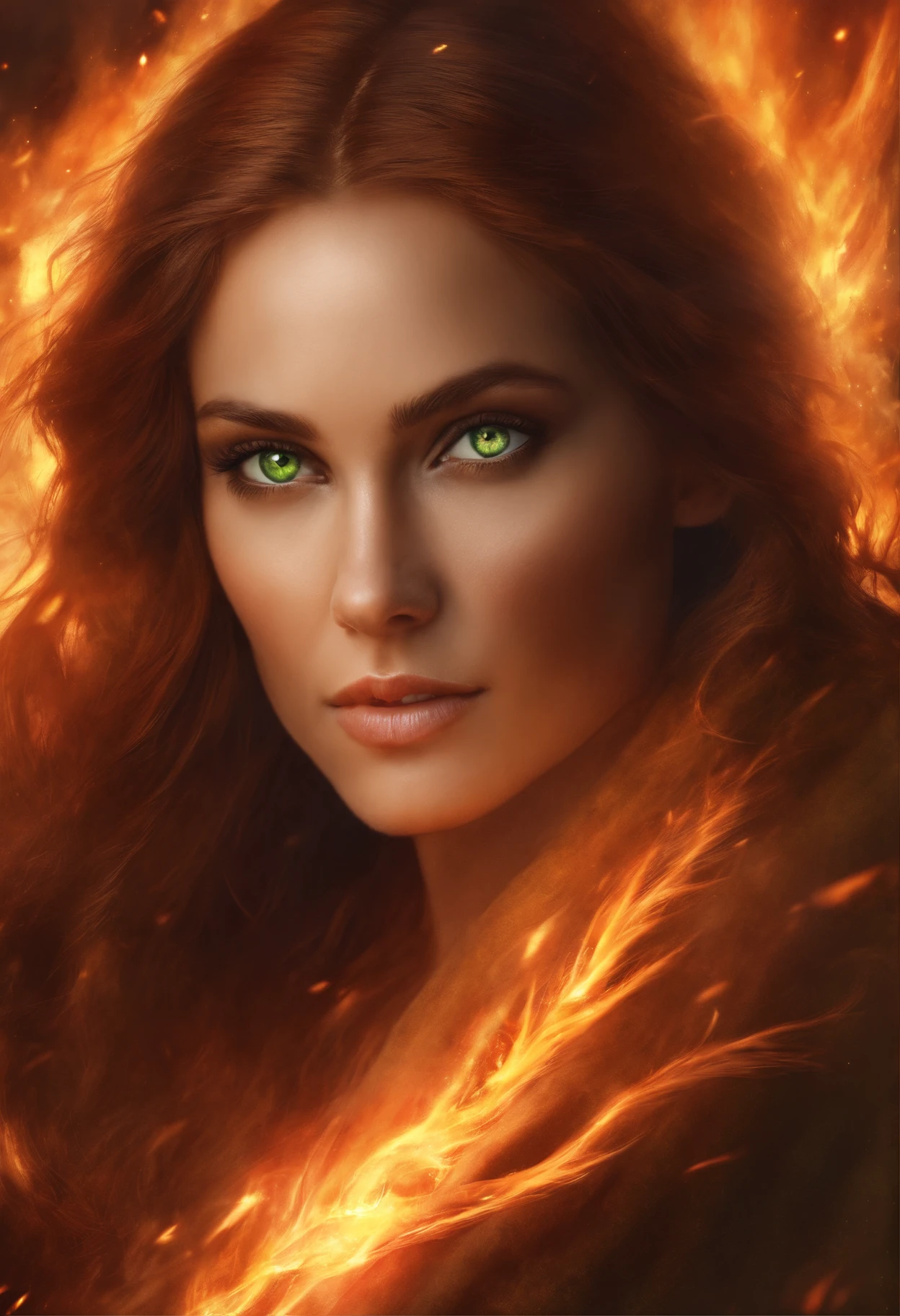 Close-up of a woman with green eyes engulfed in fire, brown hair fluttering in the fiery flames, epic fantasy art portrait, fantasy portrait art, fantasy art portrait, fantasy character portrait, Fantasy RPG Symmetrical Portrait, fantasy concept art portrait, detailed matte fantasy portrait, Fantasy genre portrait, fantasy portrait, Portrait of a female elf-sorcerer, fantasy portrait, Portrait of a Sorceress