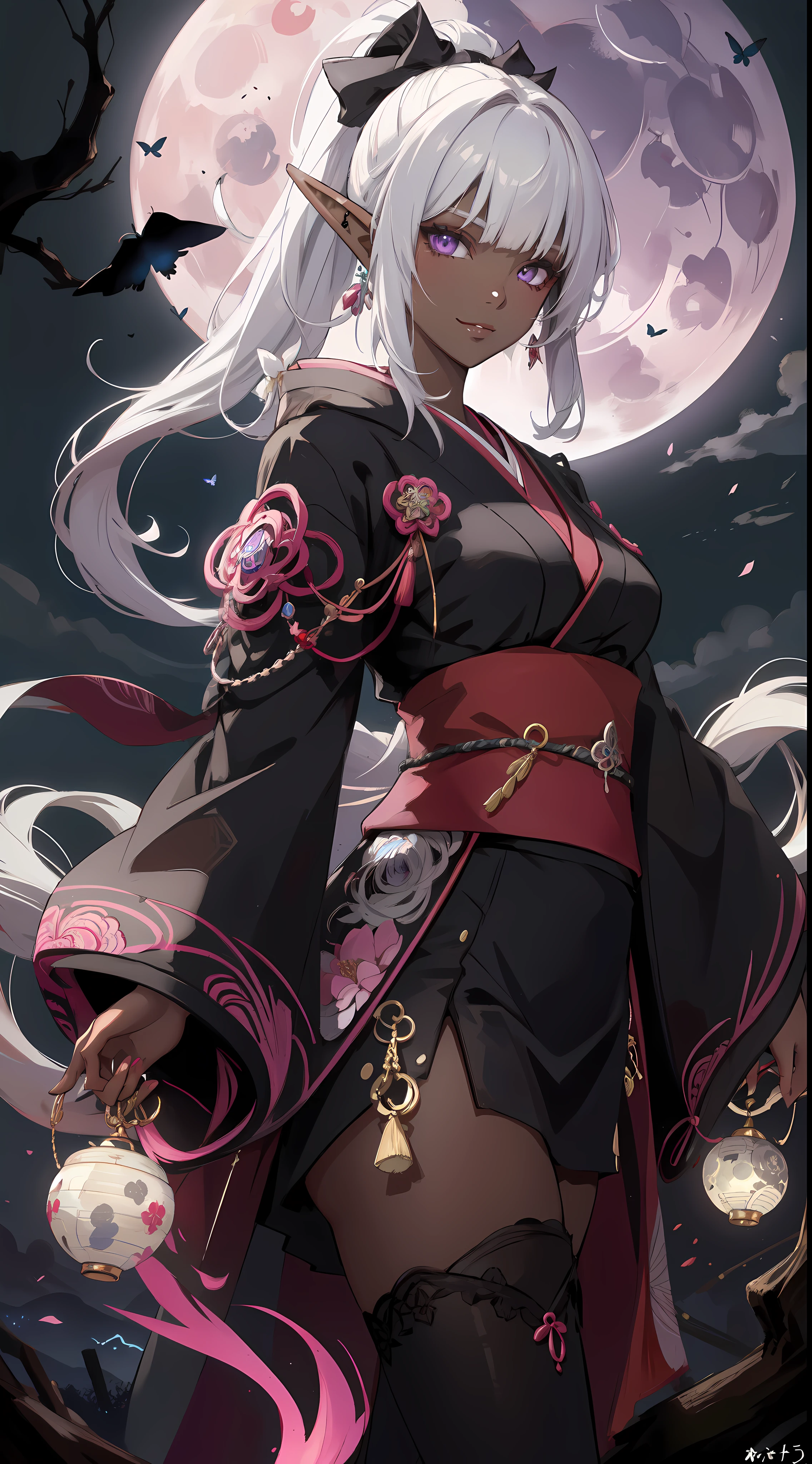 ((masterpiece, best quality)), (zentangle, mandala, tangle, entangle), (fractal art:1.3),  dark elf girl standing in front of bloody full-moon, design by Yoshitaka Amano,  red kimono, background flock of butterflies,high resolution, frank frazetta, BREAK, highly detailed of (dark elf), (1girl), solo, perfect face, details eye,  ponytail, Blunt bangs, (hair between eye), white hair, violet eyes, fantasy art by Artgerm, by Kawacy, by Wadim kashin, BREAK, eyelashes, eyeshadow, pink eyeshadow, (dark skin:1.2), glaring, smile, medium breast, BREAK, extremely detailed, dynamic angle, cowboyshot, (( moonlight)), Mystic energy, Mysterious rituals, ((Dark atmosphere)),