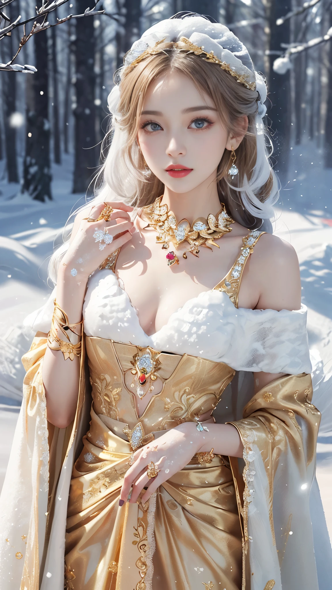 8k, masterpiece, 1 girl, beautiful face, very long hair, light makeup, detailed eyes, detailed lips, small bust, winter dress, golden dress, (wearing jewellery:1.8), (golden lace:1.4), ((snow falling:1.4)), attractive poses,