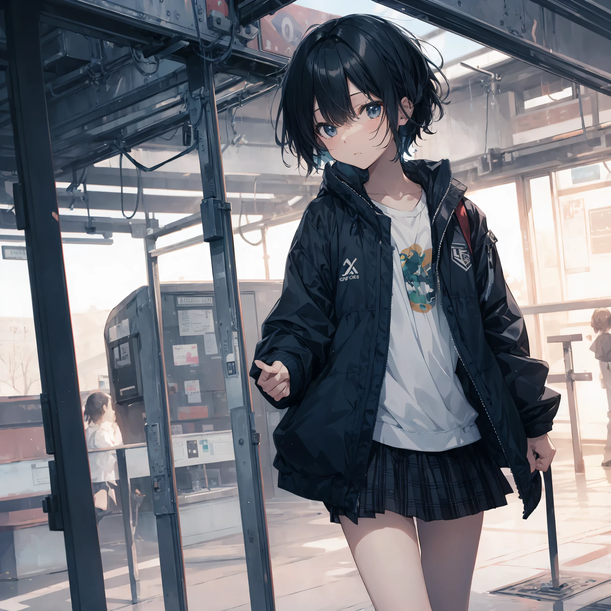Super high quality by the art god, Ultra-detailed, High resolution, anime moe art style, best anime 8K konachan wallpaper, Pixiv Contest Winner, Perfect Anatomy, BREAK,(Please draw a sleepy girl going to school alone.. ),BREAK, 1girl in, (Solo,Lori,,13yea:1.3),Full limbs, complete fingers,a junior gynous attraction, (Very short hair), hair messy, flat chest, Small butt, groin, Small eyes,Beautiful detailed black eyes, Well-proportioned iris and pupils, disgusted eye, High resolution detailed hair, School uniform, Skirt, On the way to school. BREAK,Ultra-detailed細なスキン, Best lighting by famous artists, 8K,Cute illustration,