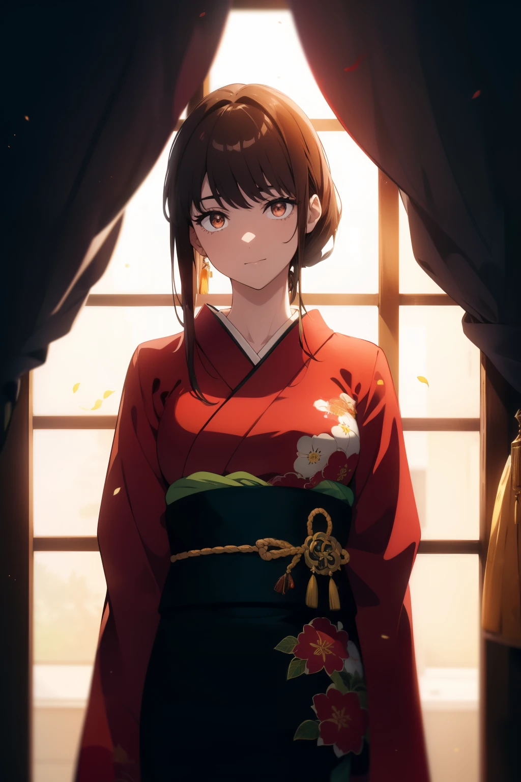 ((((Obra maestra, La mejor calidad, ultrahigh resolution)))), 1girl, standing, ((wearing a red_kimono)), (long hair in view, in frame), pale skin, ((brown eyes)), (glowing_eyes, luminescent eyes), (ultra detailed eyes:0.7, beautiful and detailed face, detailed eyes:0.9), ((centered)), smile, ((wide shot)), facing viewer, (((vibrant background of outside, flowers, bright lighting, summer, sunlight))), flat chested, looking at viewer, ((perfect hands)), ((head:1, hips, elbows, arms, in view)), ((hands behind back)), beautiful lighting, defined subject, (18 years old), ((cool looking)), ((slight breeze in hair, vintage sun glare))