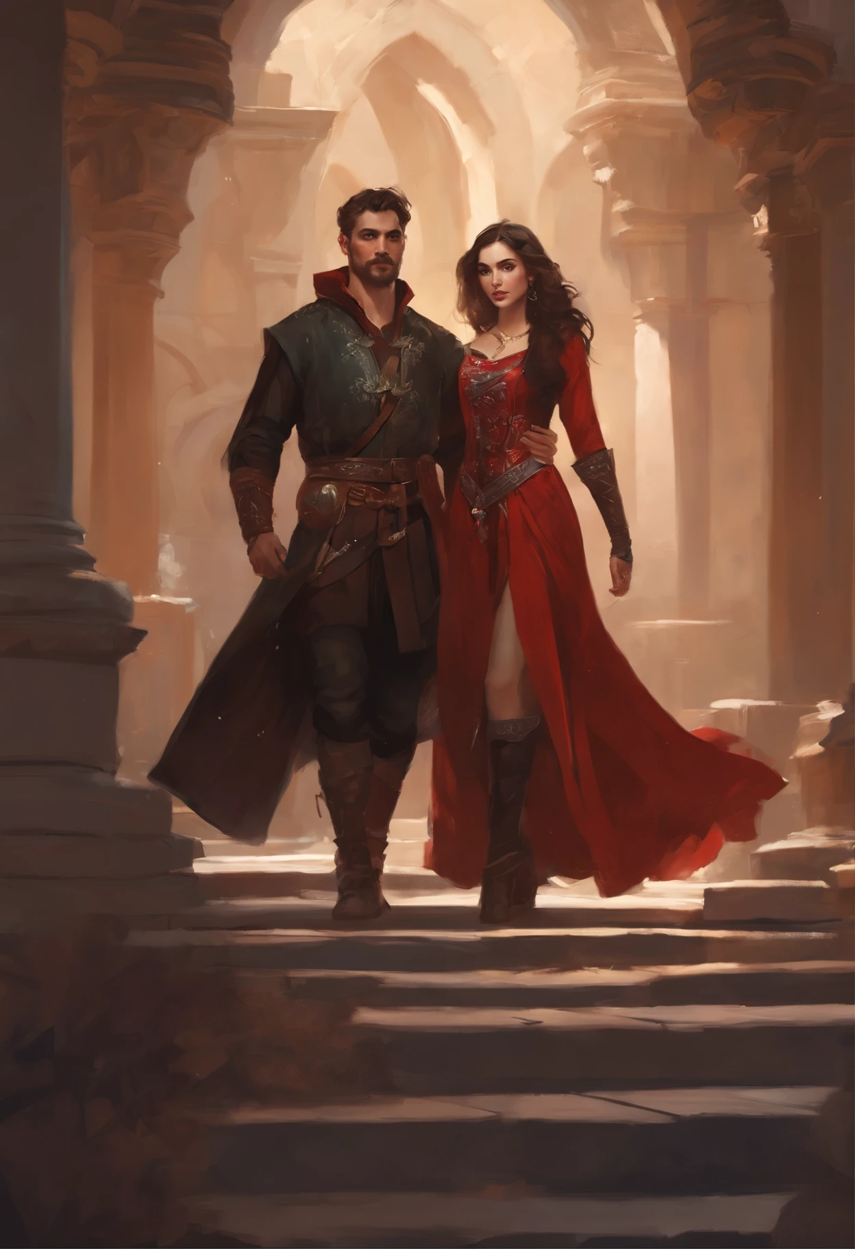 Two people (Guy and girl) , dressed in medieval clothes, posing for a photo, Vlop and Sakimichan, Darius Zawadzki and Tom Bagshaw, artwork in the style of guweiz, wlop and andrei riabovitchev, Edmund Blair and Charlie Bower, wlop and ross tran, Tom Bagshaw and Tom Richmond