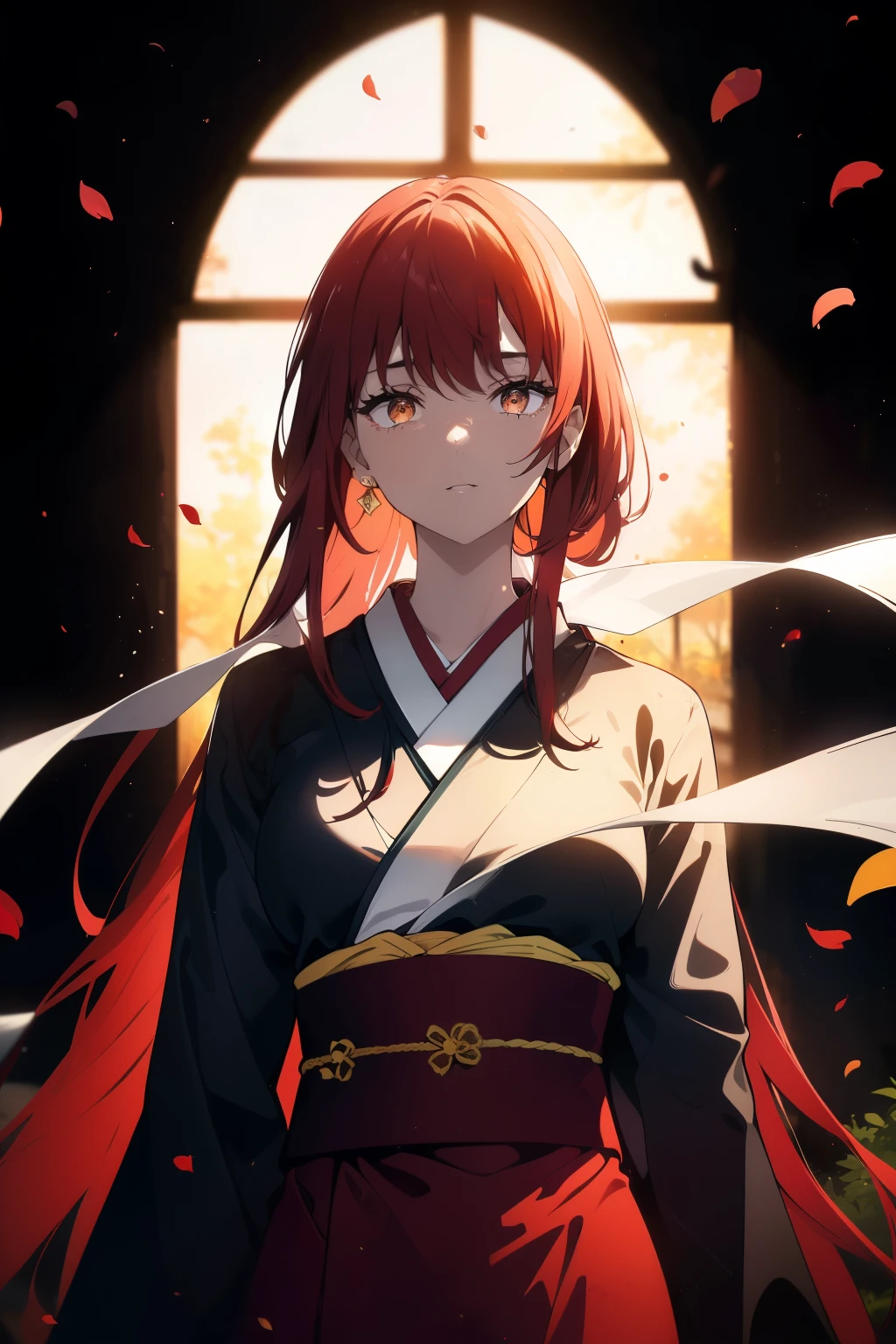 ((((Obra maestra, La mejor calidad, ultrahigh resolution)))), 1girl, standing, ((wearing a red_kimono)), (long hair in view, in frame), pale skin, ((brown eyes)), (glowing_eyes, luminescent eyes), (ultra detailed eyes:0.7, beautiful and detailed face, detailed eyes:0.9), ((centered)), smile, ((wide shot)), facing viewer, (((vibrant background of outside, flowers, bright lighting, summer, sunlight))), flat chested, looking at viewer, ((perfect hands)), ((head:1, hips, elbows, arms, in view)), ((hands behind back)), beautiful lighting, defined subject, (18 years old), ((cool looking)), ((slight breeze in hair, vintage sun glare))