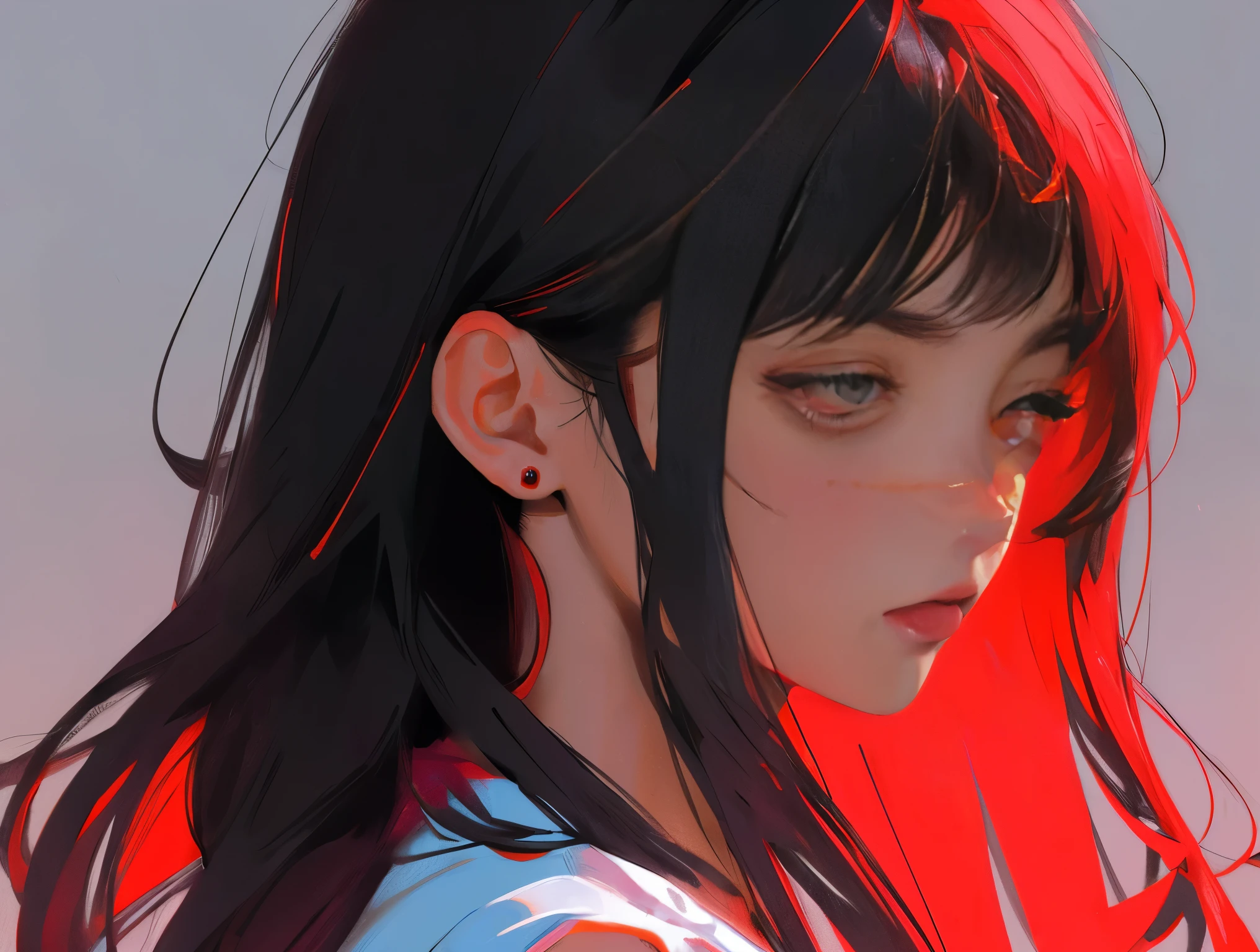 Yoru, vestida de colegial, camisa, Cinta para el cuello, mangas largas, Tema oscuro, (Mirando al espectador, retrato:1.5), black and rojo, rojo details, Runas brillantes_rojo,